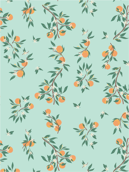 Salt Air Citrus - A citrus branch surface pattern featuring drifting oranges and coastal foliage, inspired by warm summer afternoons and salt air breezes.