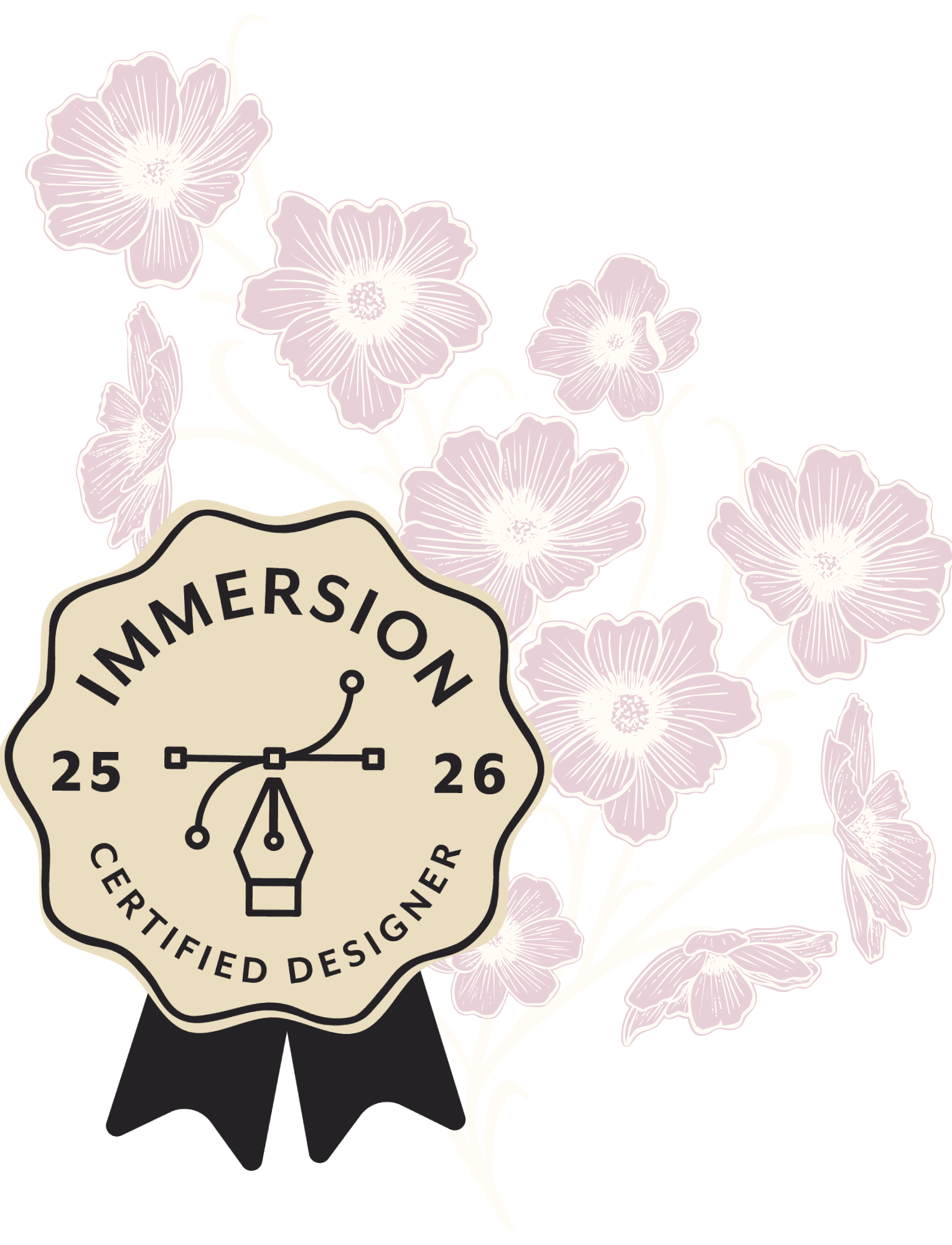 A certified designer badge with a floral background of pink flowers on a black background.