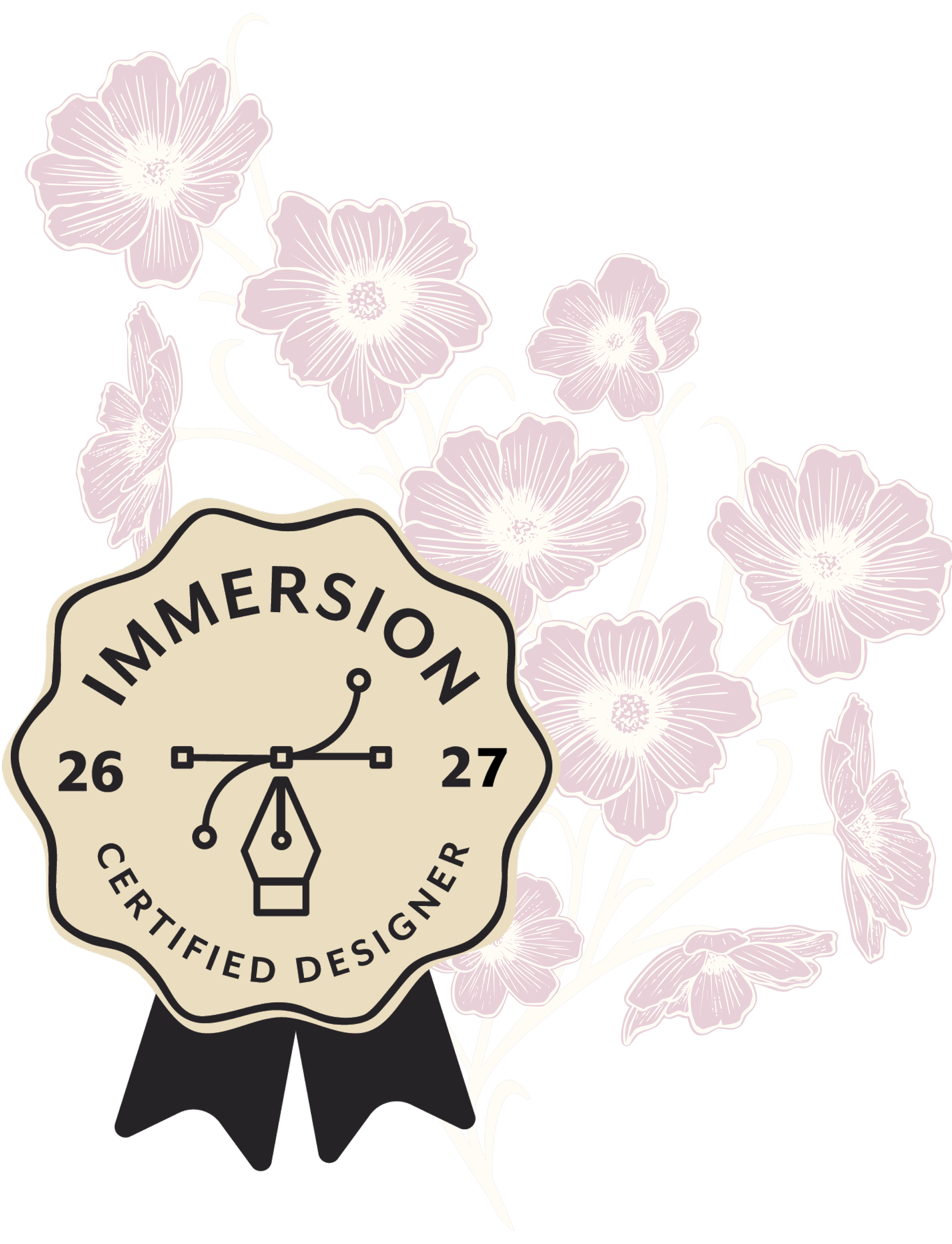Immersion Certified Designer badge with purple flowers in the background