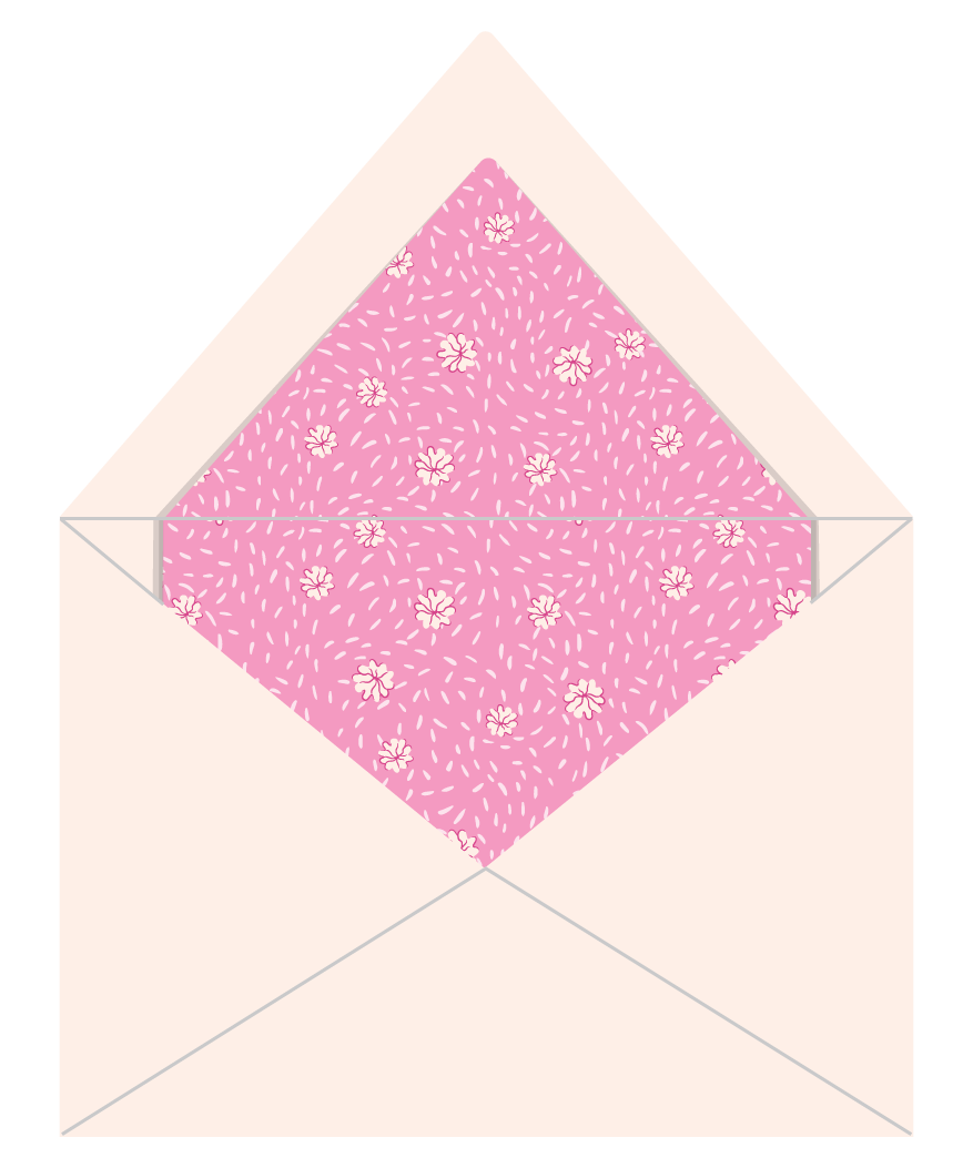 Open envelope featuring a pink floral patterned liner from the Lawn League collection, shown as part of a coordinated stationery suite.