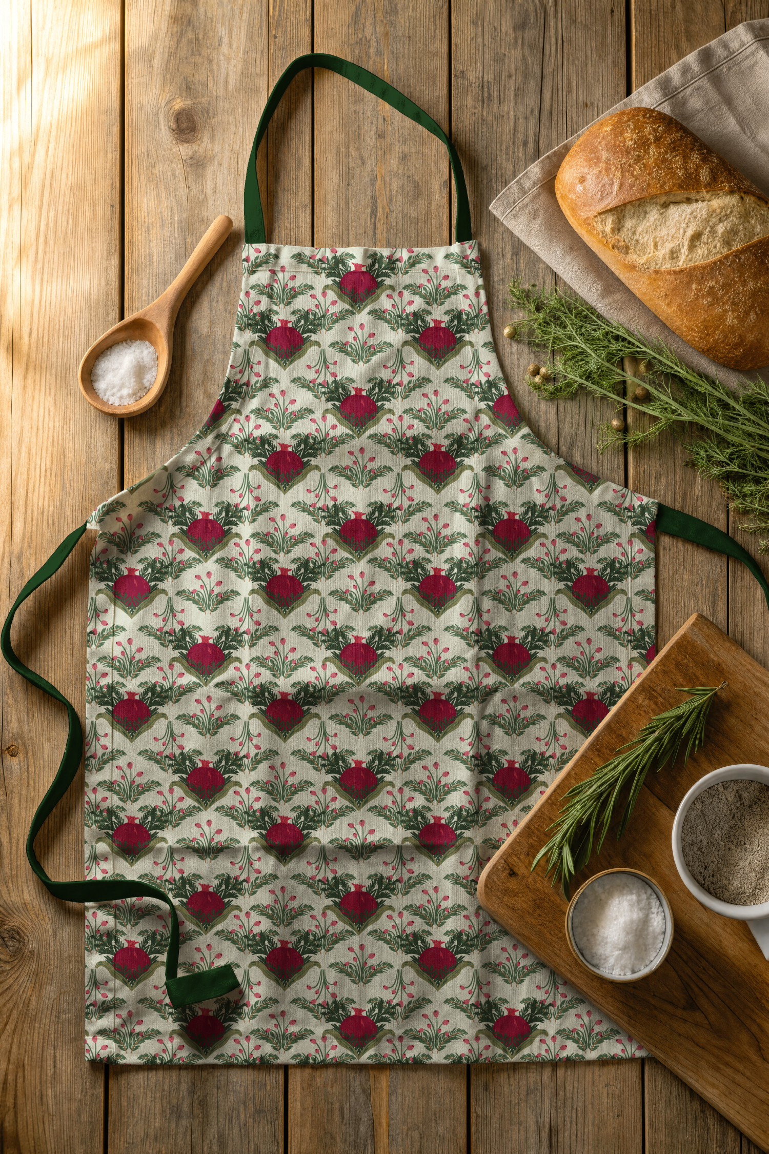Kitchen apron printed with stylized pomegranate motifs framed by evergreen sprigs and winter berries, styled on a wooden table with fresh bread, herbs, and cooking utensils.