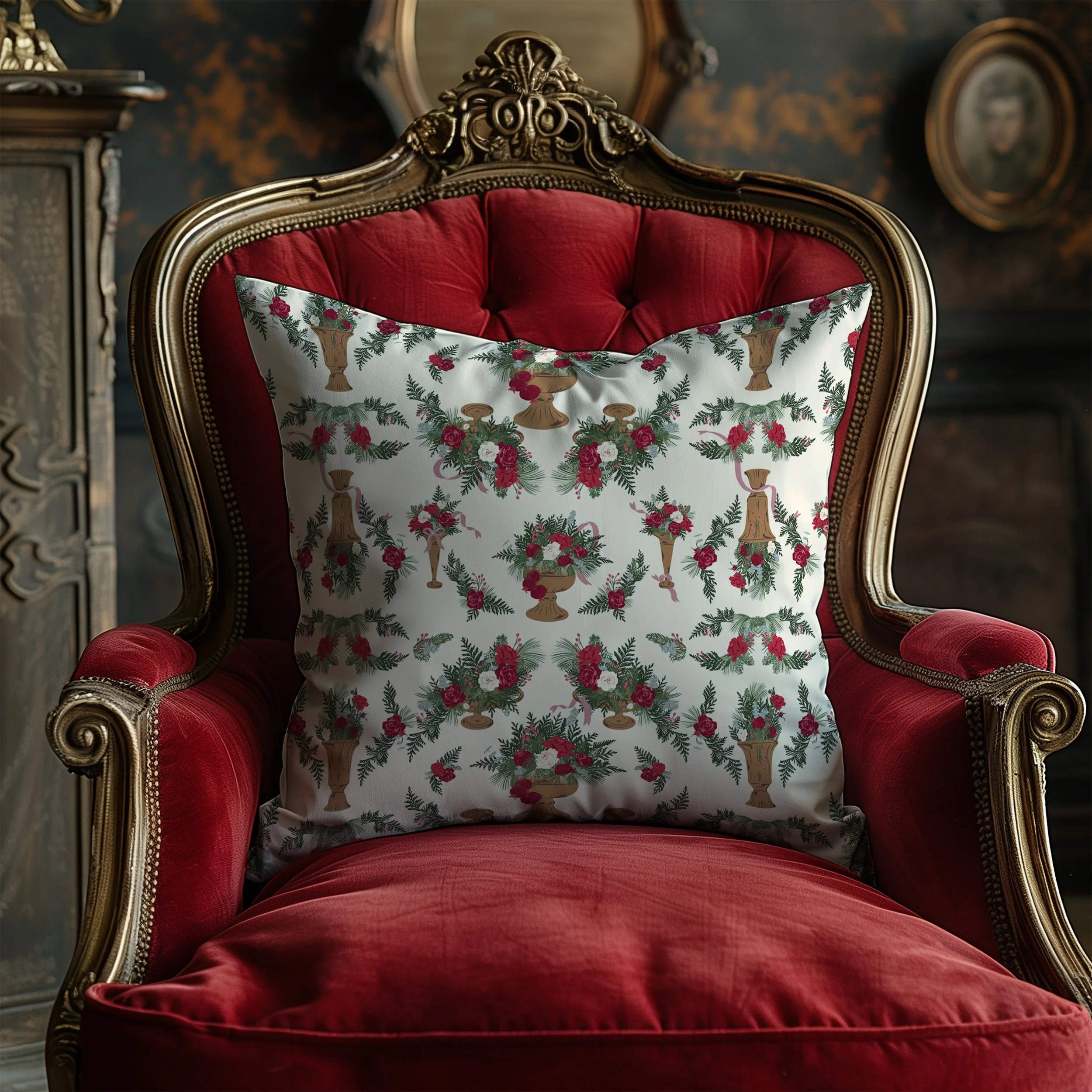 Decorative throw pillow featuring elegant arrangements of winter roses, evergreen branches, and candles in antique pedestal vessels, styled on a vintage velvet armchair.