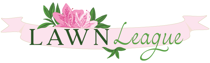 Lawn League collection logo featuring a pink ribbon banner, green lettering, azalea blossoms, and leafy botanical details.