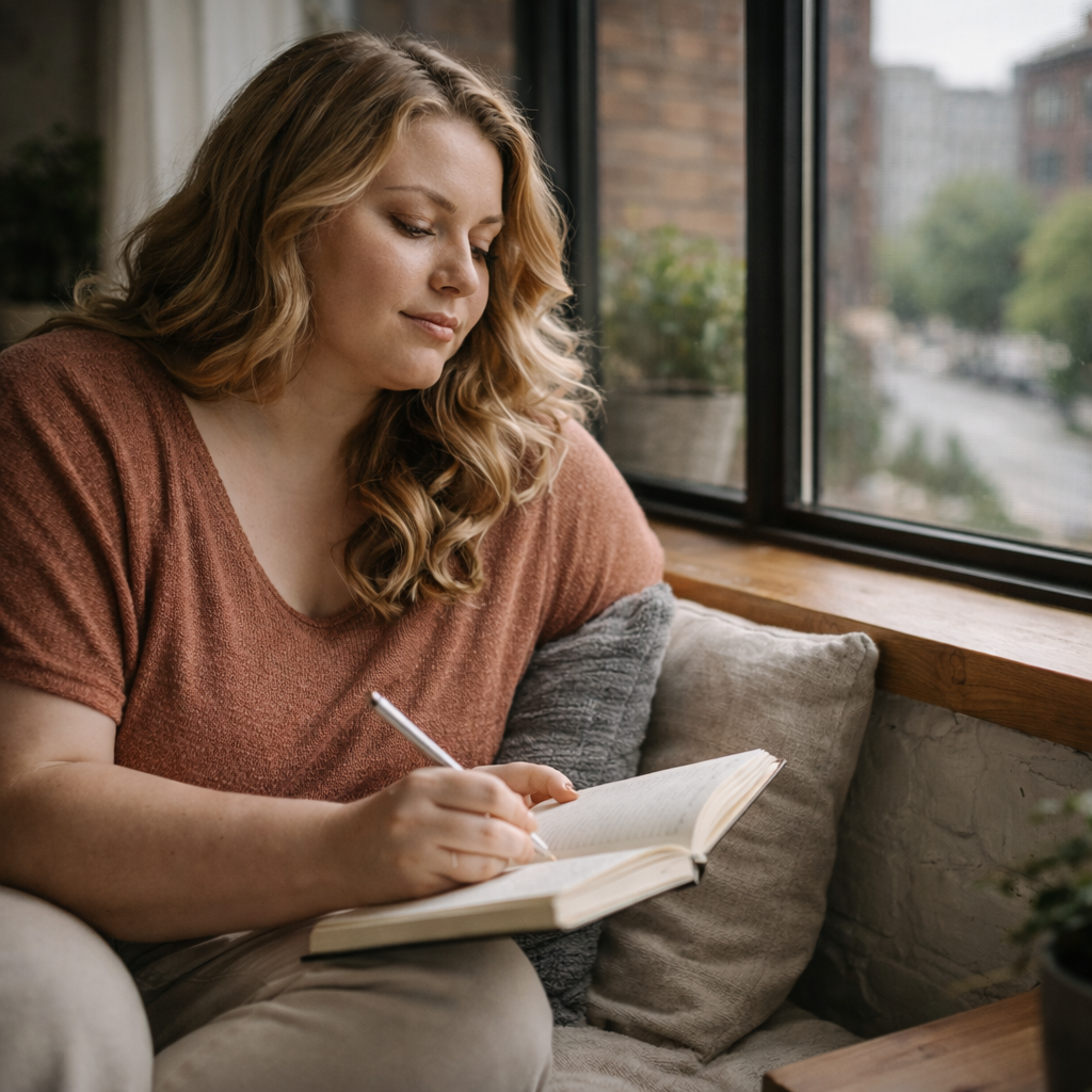 Woman journaling by a window reflecting trauma informed therapy session