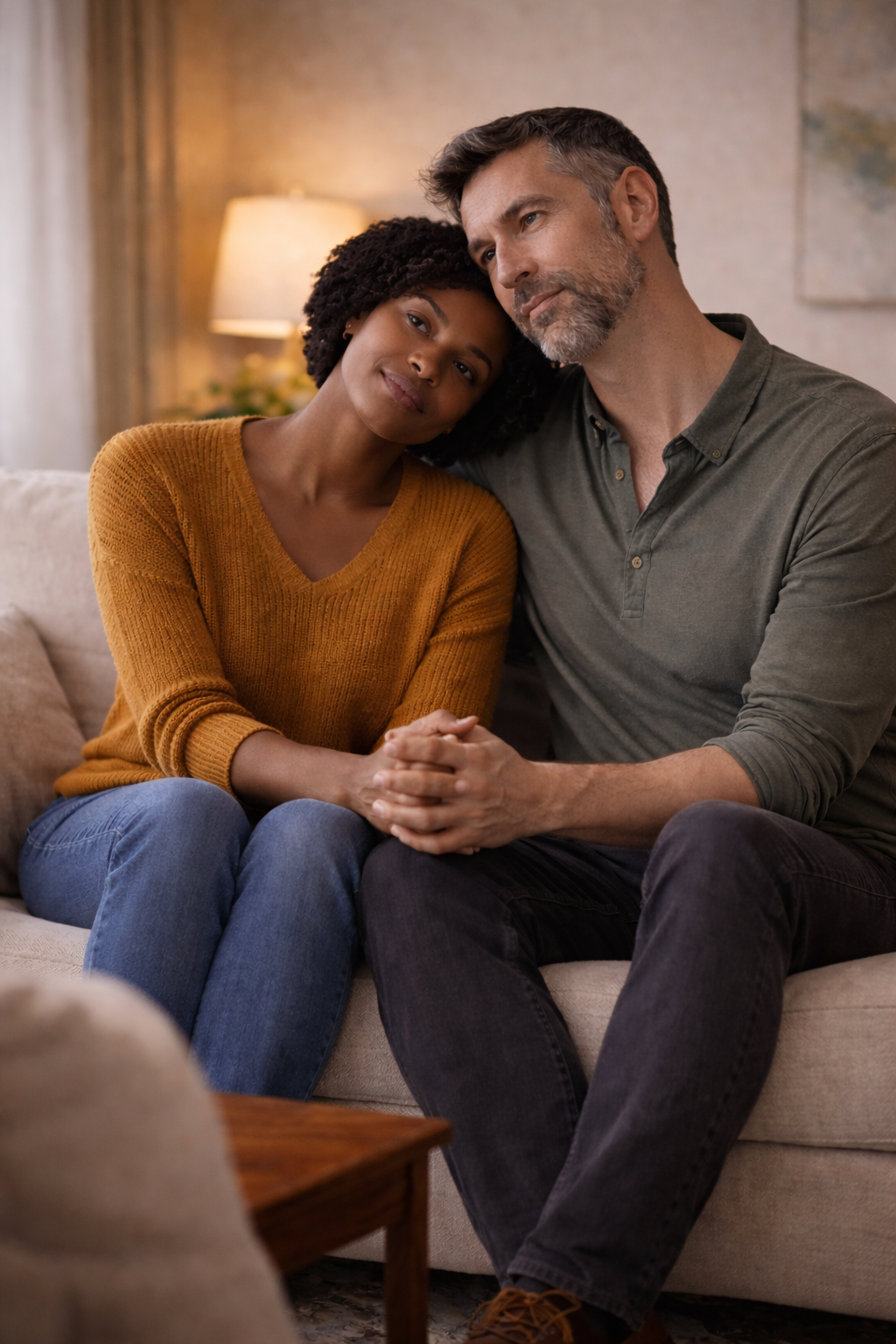 Couple sitting together during a reflective couples therapy session