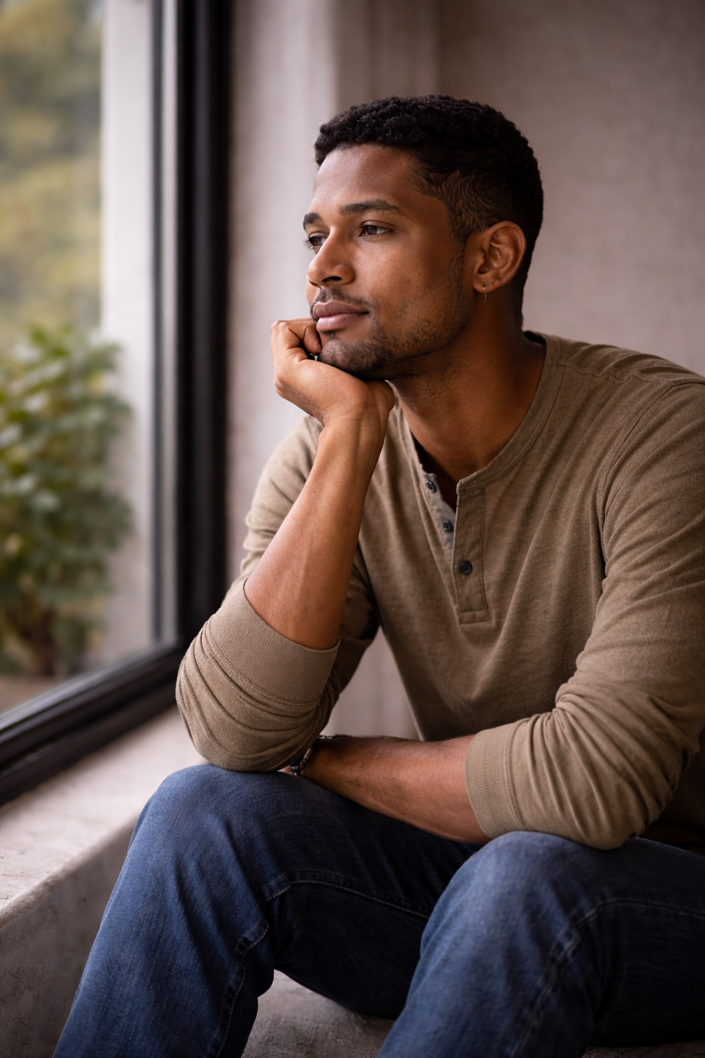 Man reflecting quietly by a window before beginning therapy at InnSight Therapy