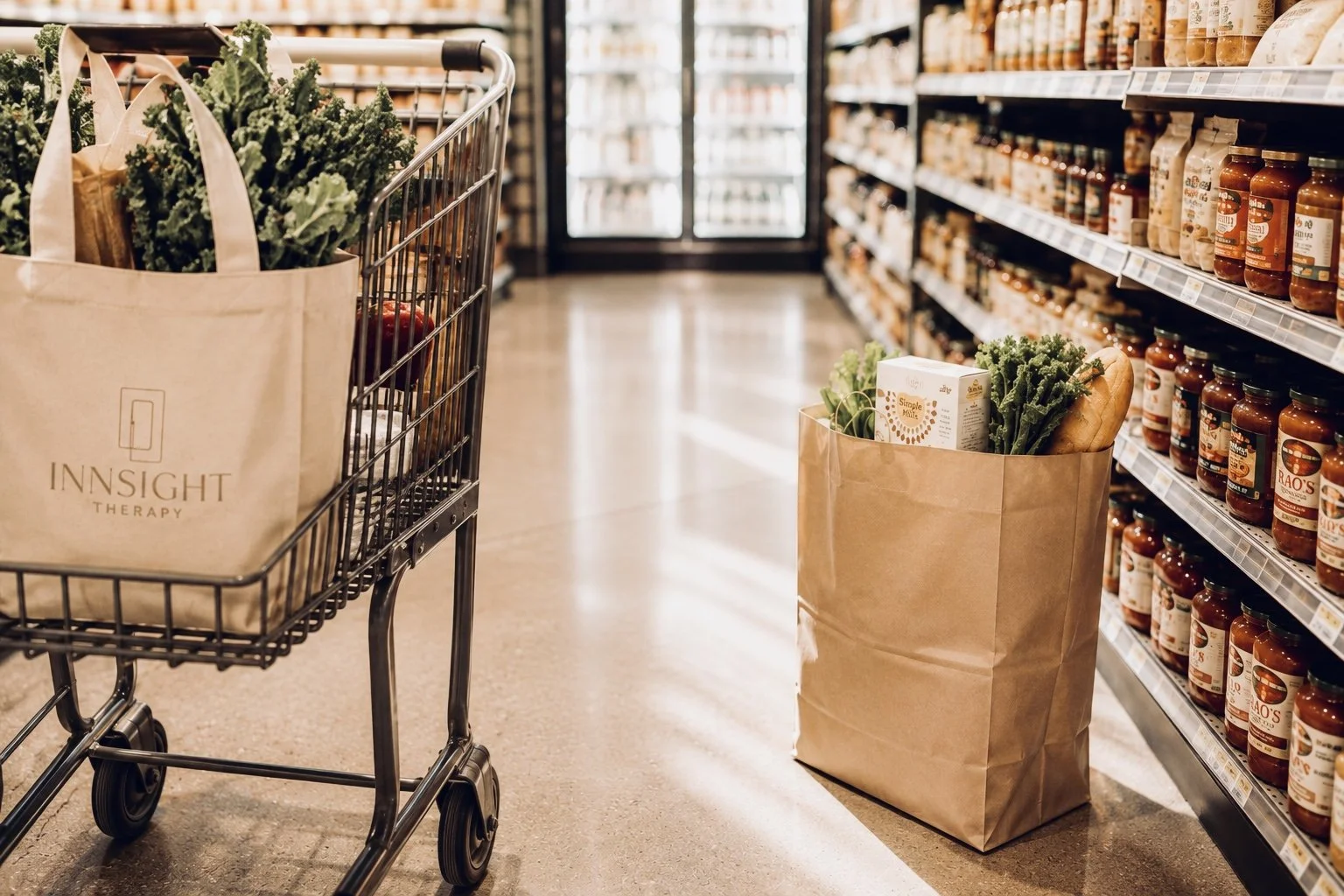 A sunlit grocery store aisle with a shopping cart, reusable InnSight Therapy tote bag, fresh groceries, and a paper grocery bag nearby.