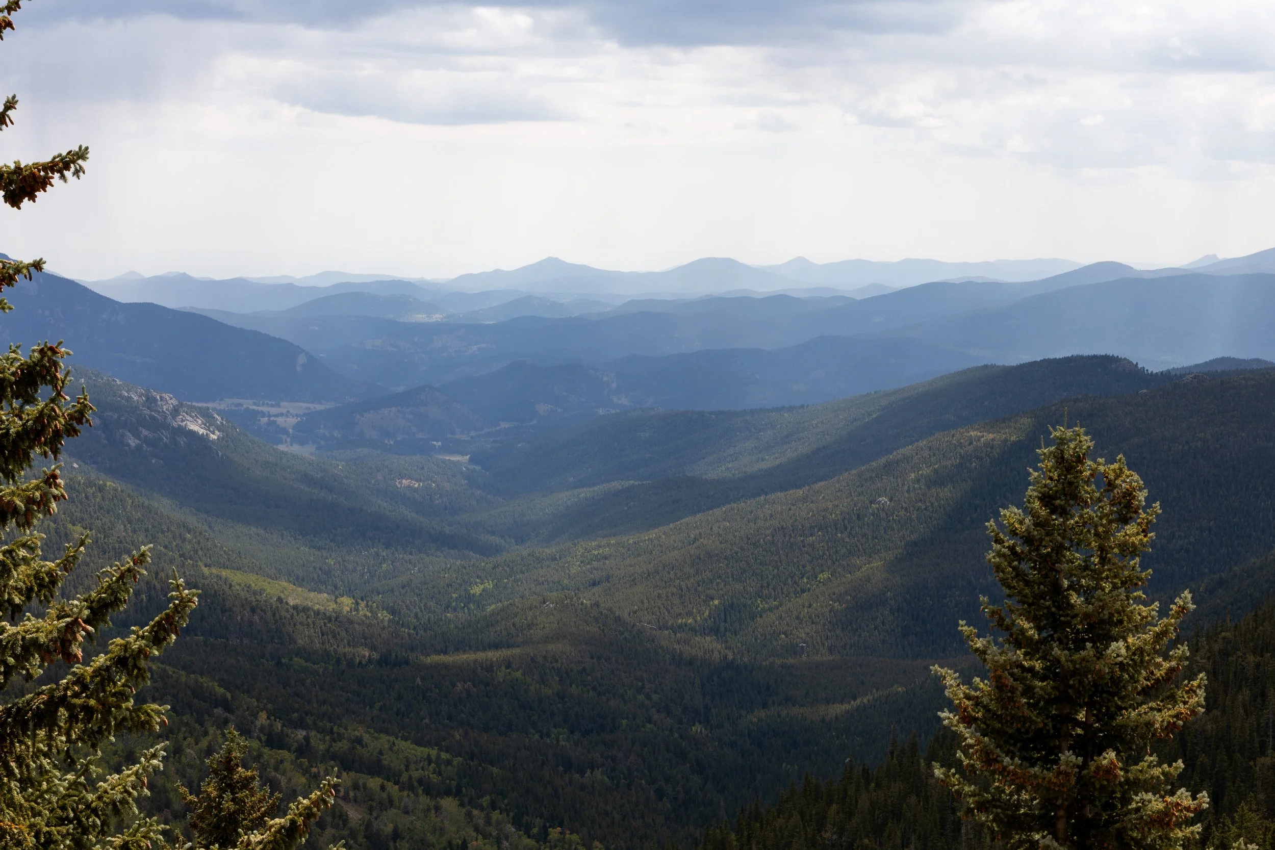 A scenic view of rolling green mountains and forested hills under a cloudy sky.