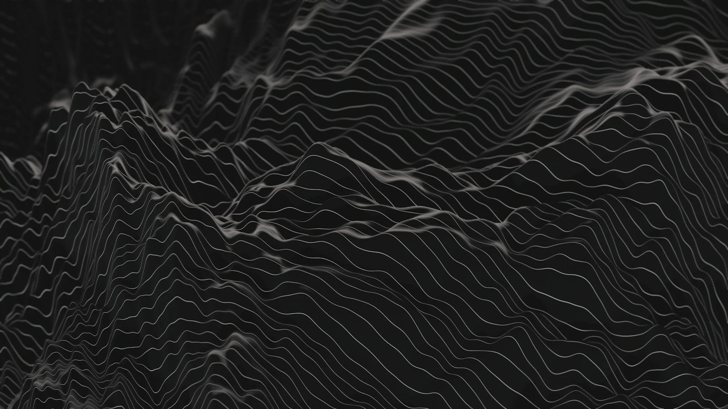A digital representation of a mountain landscape created with white contour lines on a black background, illustrating elevation changes and terrain features.