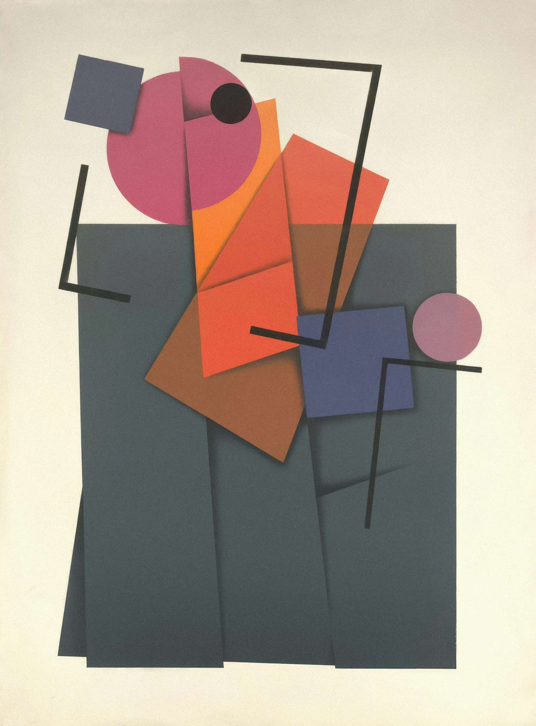 Abstract collage of geometric shapes and colors, including pink, orange, blue, black, and brown, arranged on a beige background.