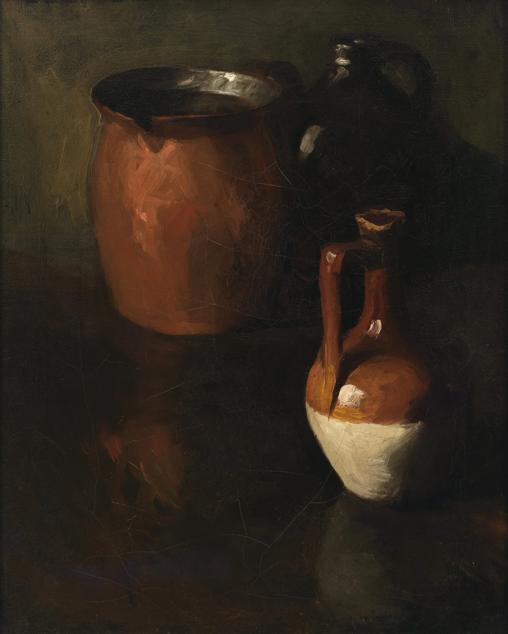 Dark still life painting of a large copper pot, black jug, and a small bowl with a spoon on a dark surface.