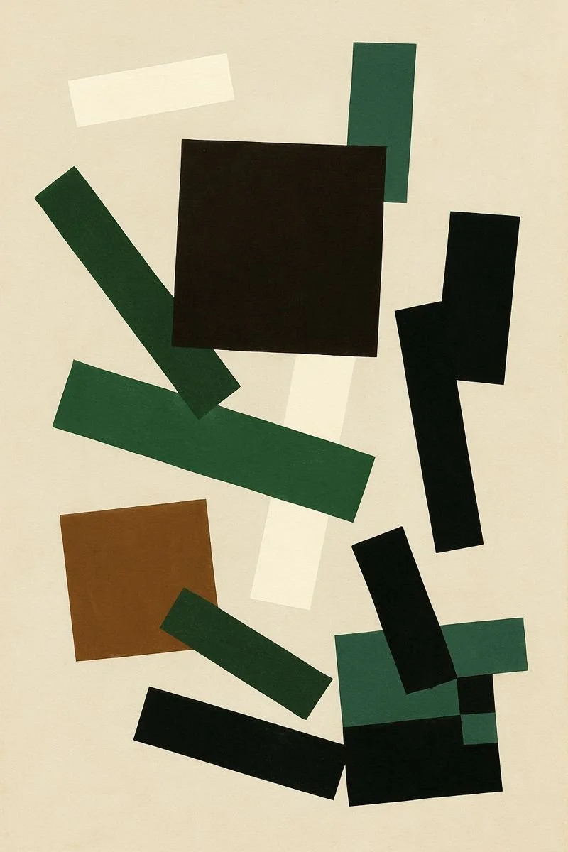 Abstract art with various colored rectangles and squares on a beige background, including black, green, brown, and white shapes.