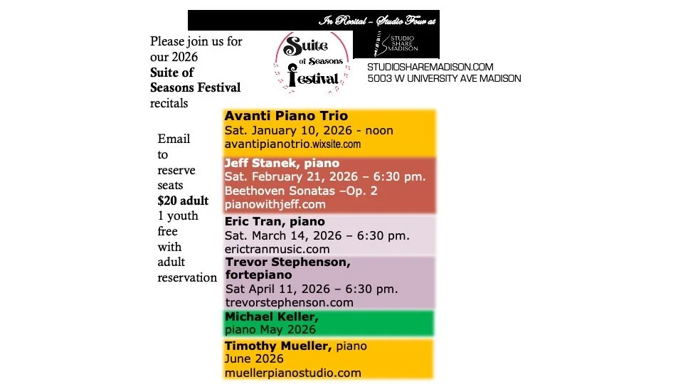 Flyer for Suite of Seasons Festival concerts, including dates, performers, and ticket reservation information.