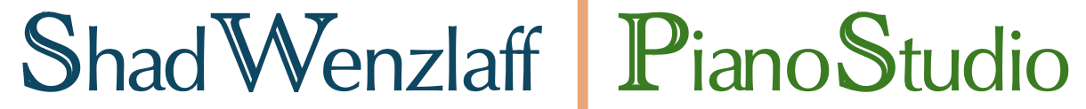 Logo with text 'Shad Wenzlaff Piano Studio' in blue and green colors with a vertical orange line dividing the two parts.