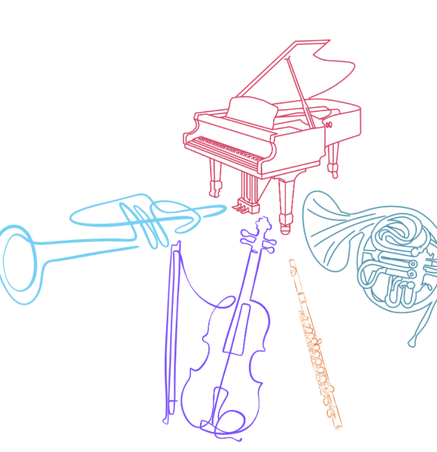 Colorful line drawing of musical instruments including a grand piano, violin with bow, clarinet, French horn, and trumpet.