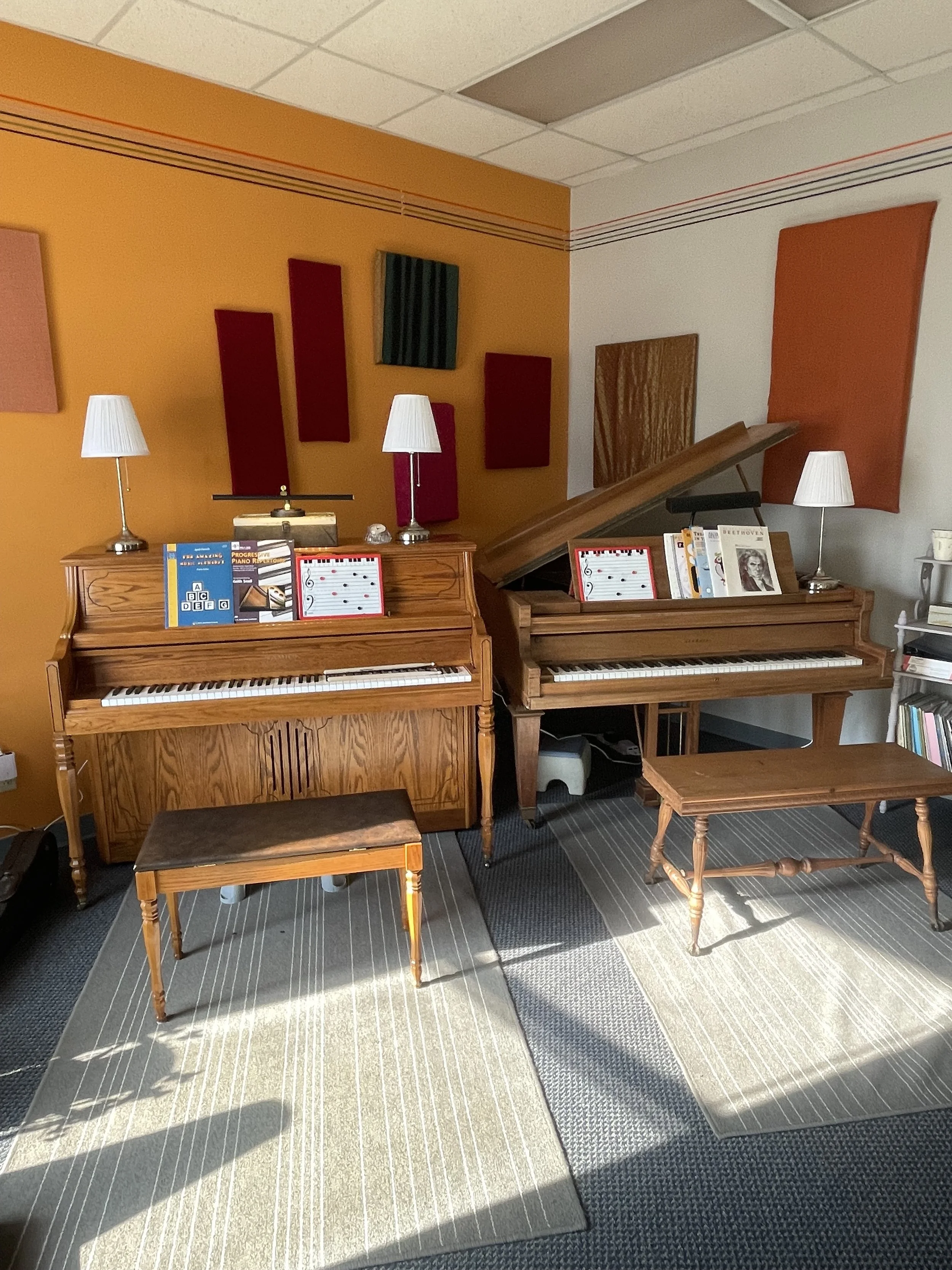 Room with two pianos, one upright on the left and a grand piano on the right, both with music books and lamps on top. Two small wooden benches in front of pianos, and a bookshelf with books to the right. Wall decorations behind pianos and carpeted floor.