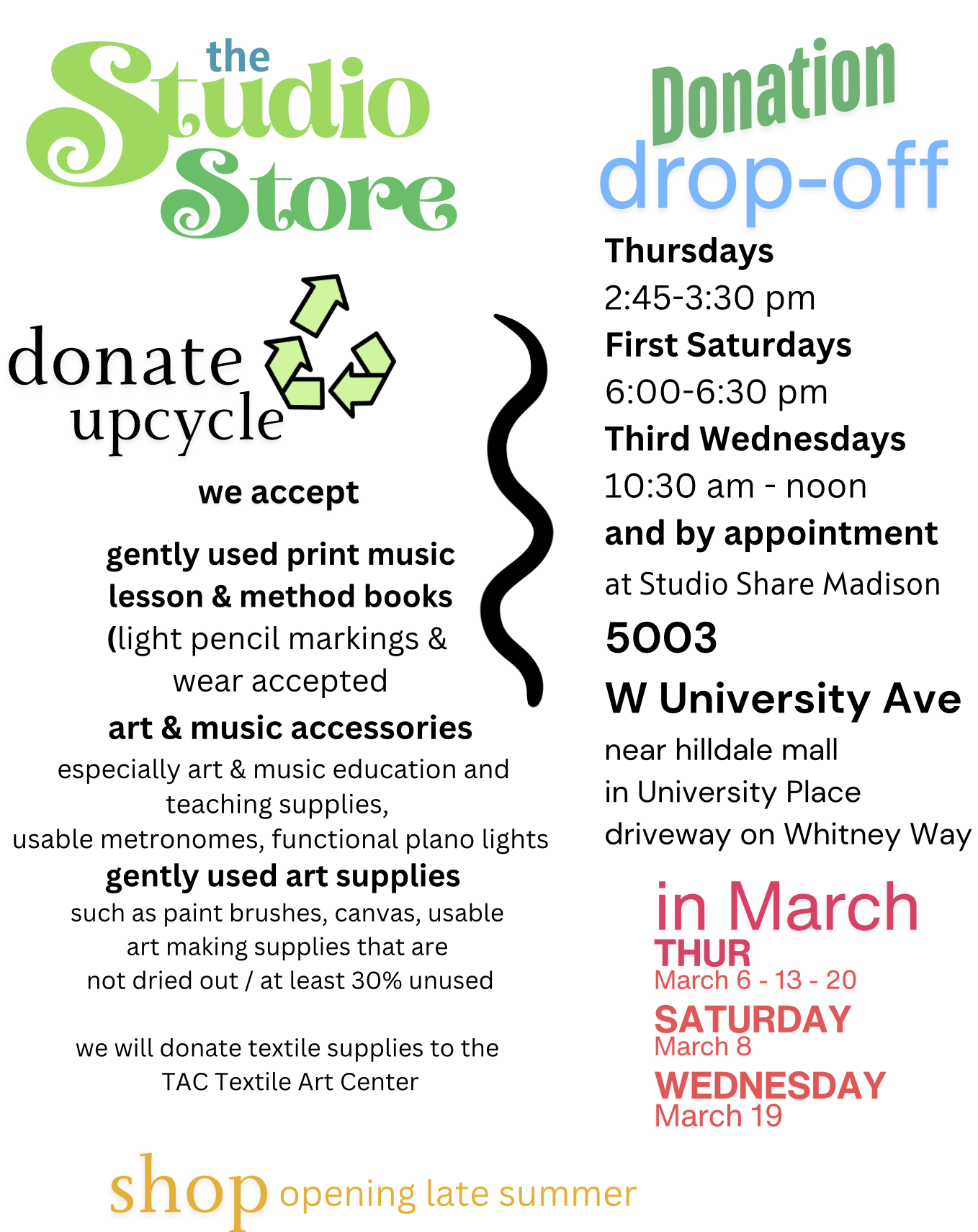 Flyer for The Studio Store donation drop-off events with schedule, location, items accepted, and upcoming March dates.