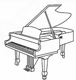 Outline of a grand piano with an open lid and a bench.