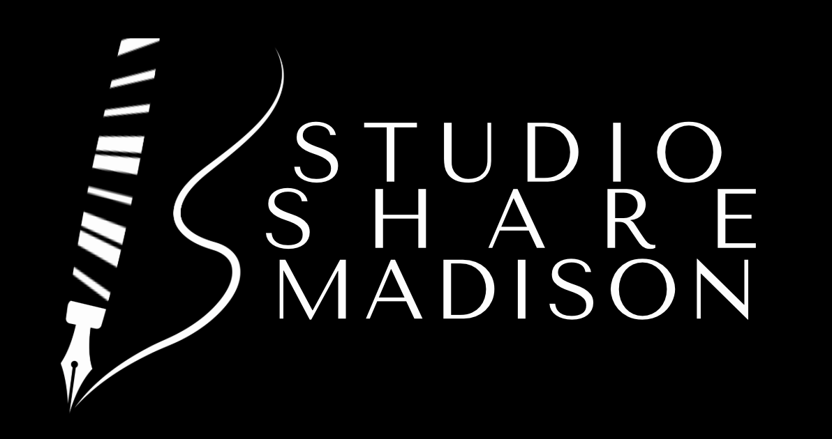 Black and white graphic featuring a fountain pen with a curly line extending from it, and the words 'Studio Share Madison' arranged vertically and horizontally.