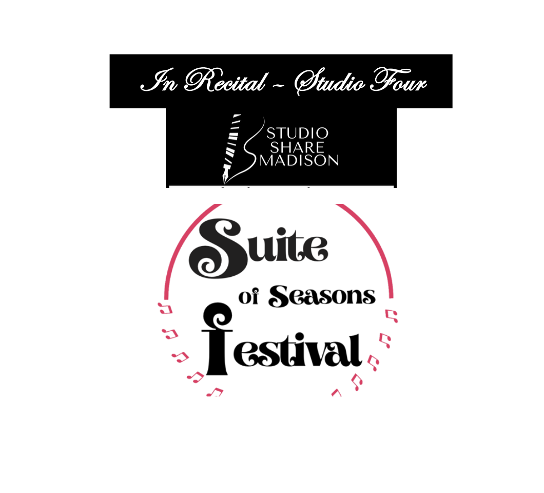 Poster for a recital event at Studio Share Madison featuring the Suite of Seasons Festival with musical notes around the text.