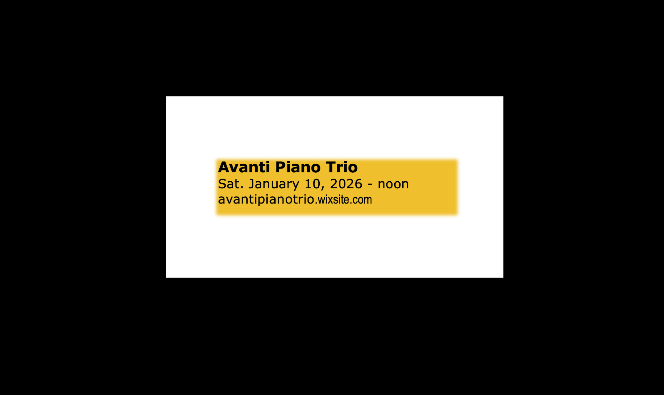 Event poster for Avanti Piano Trio concert with date, time, and website link.