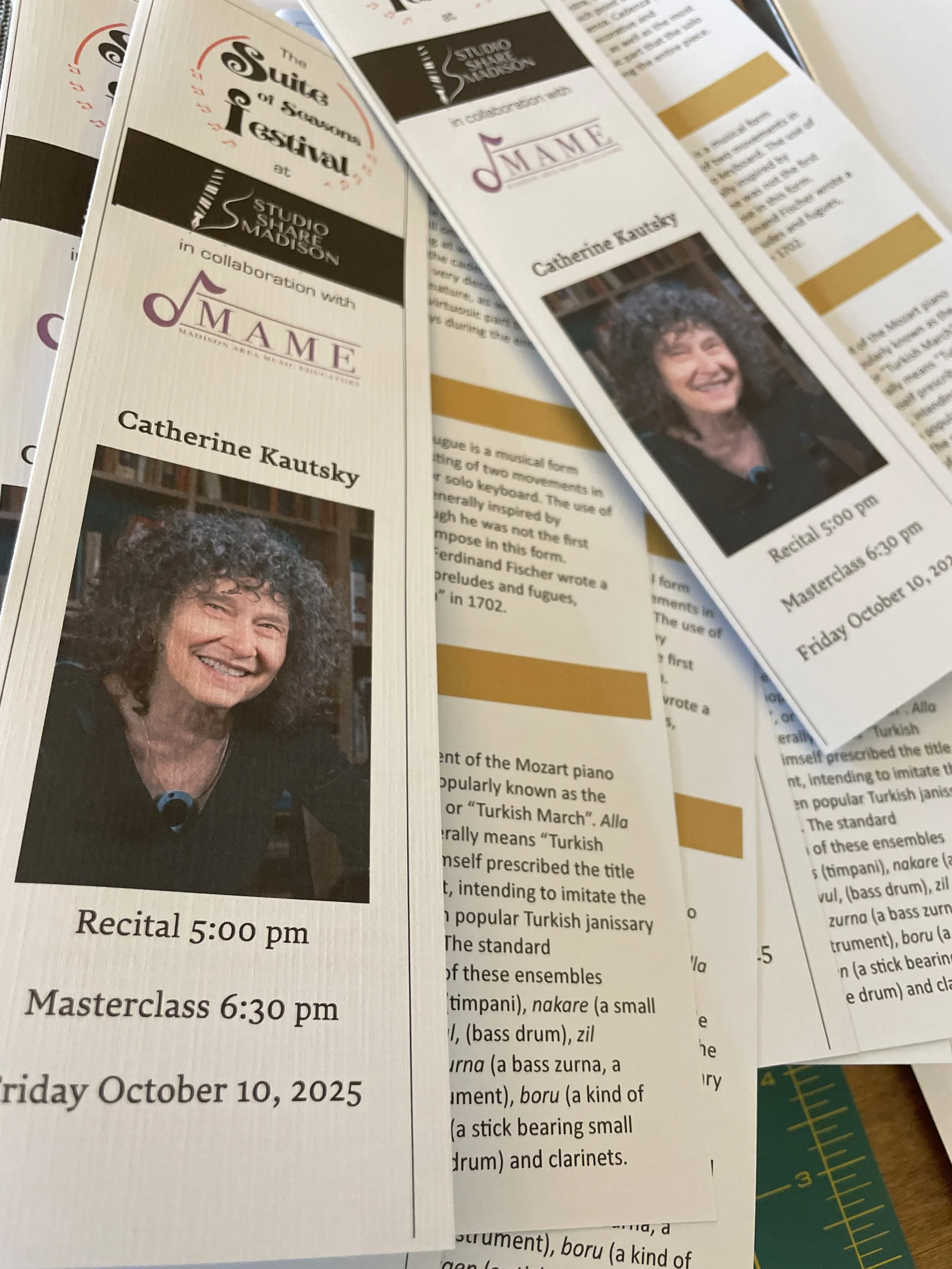 Multiple event flyers for the Studio Shigar Madison and the MuME Madison Area Musicians, featuring a woman with curly hair, listing a recital at 5:00 pm and a masterclass at 6:30 pm on October 10, 2025.