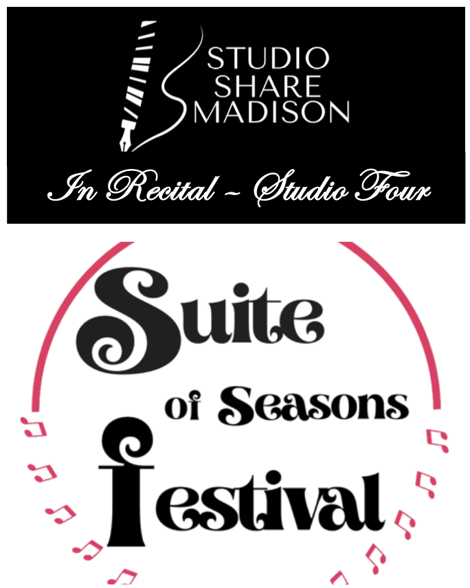Poster advertising a recital at Studio Share Madison titled 'Suite of Seasons Festival,' featuring a musical theme with musical notes and a stylized fountain pen and ink splash