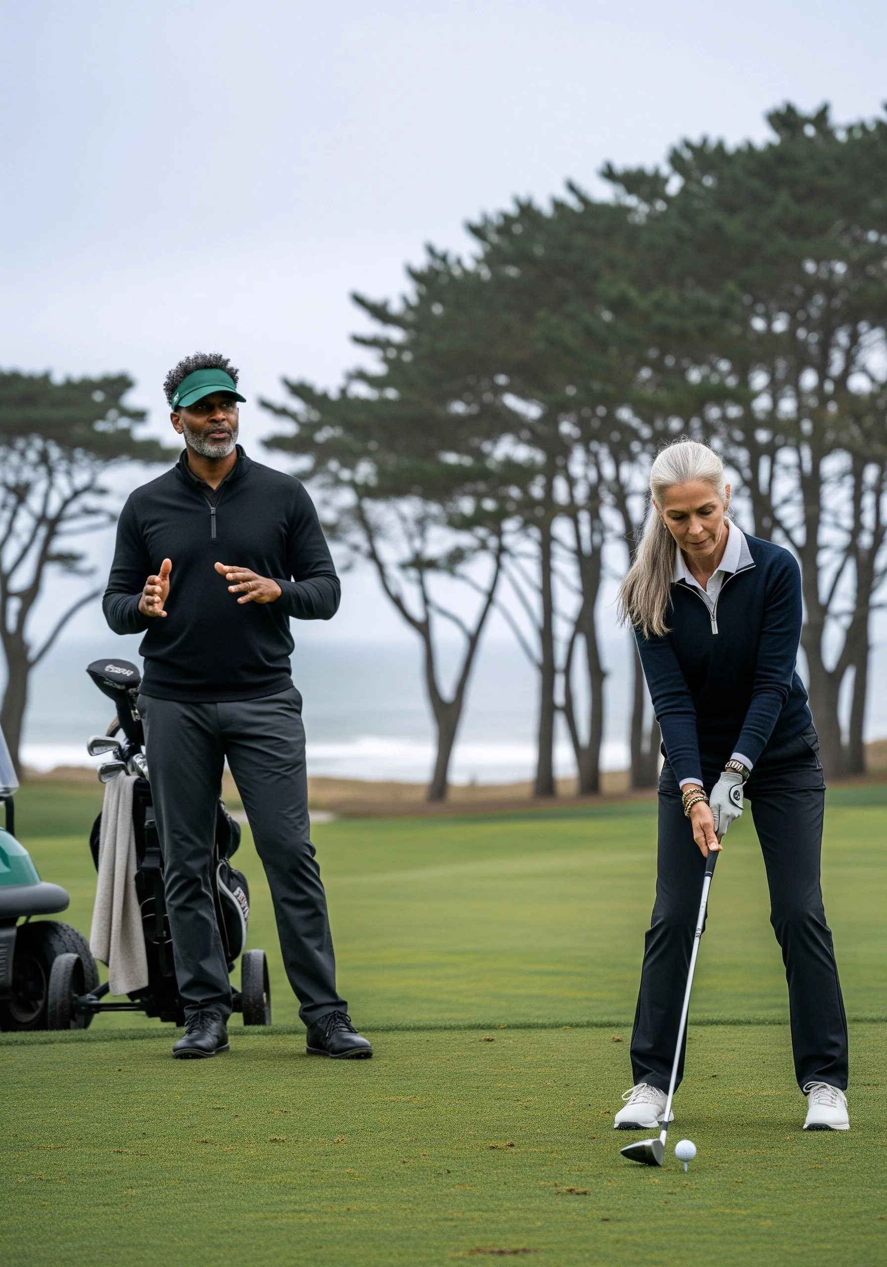 Golf instructor coaching student mid-swing