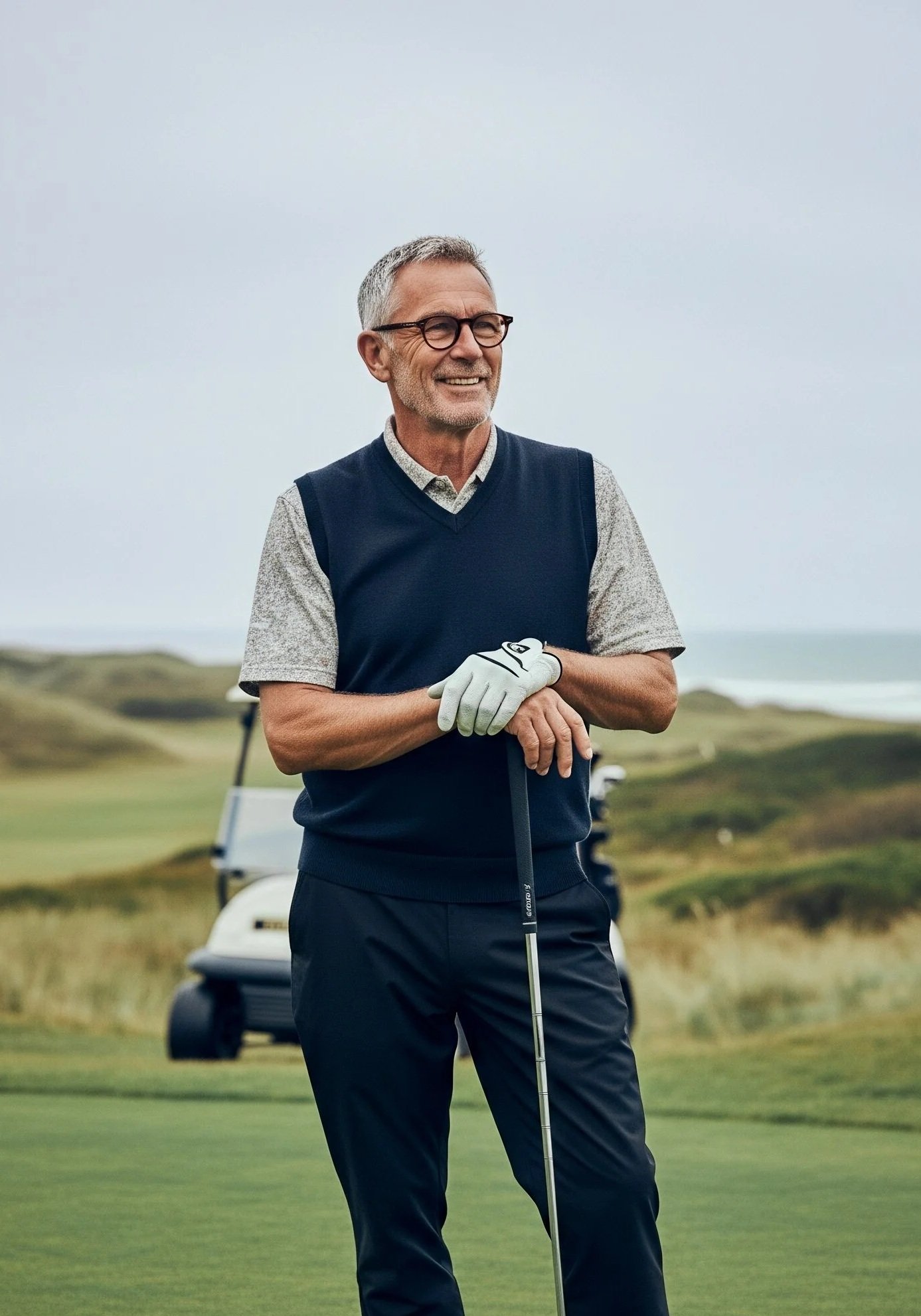 Older male golfer smiling on course, leaning on club