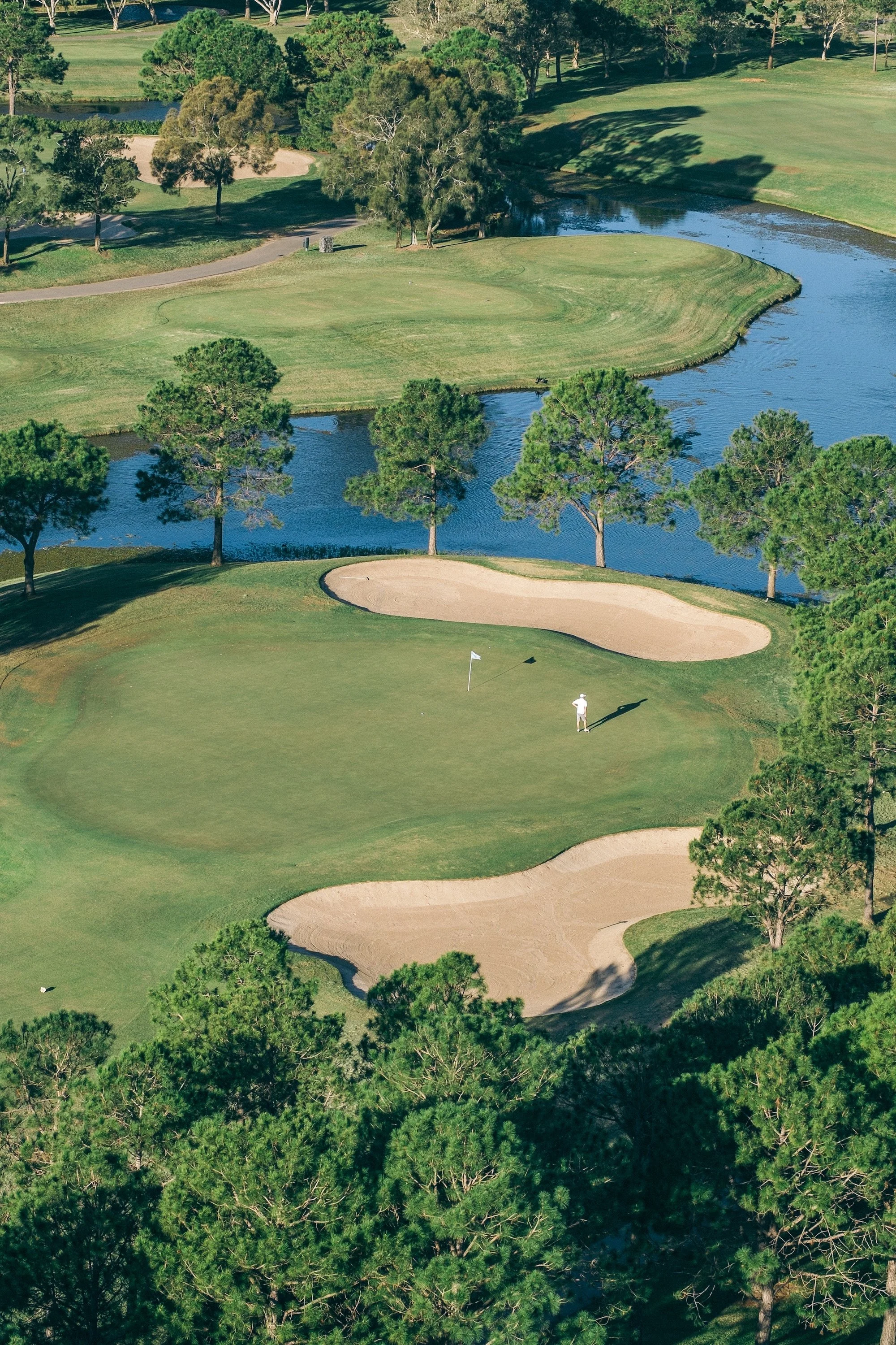 Aerial view of green with bunkers