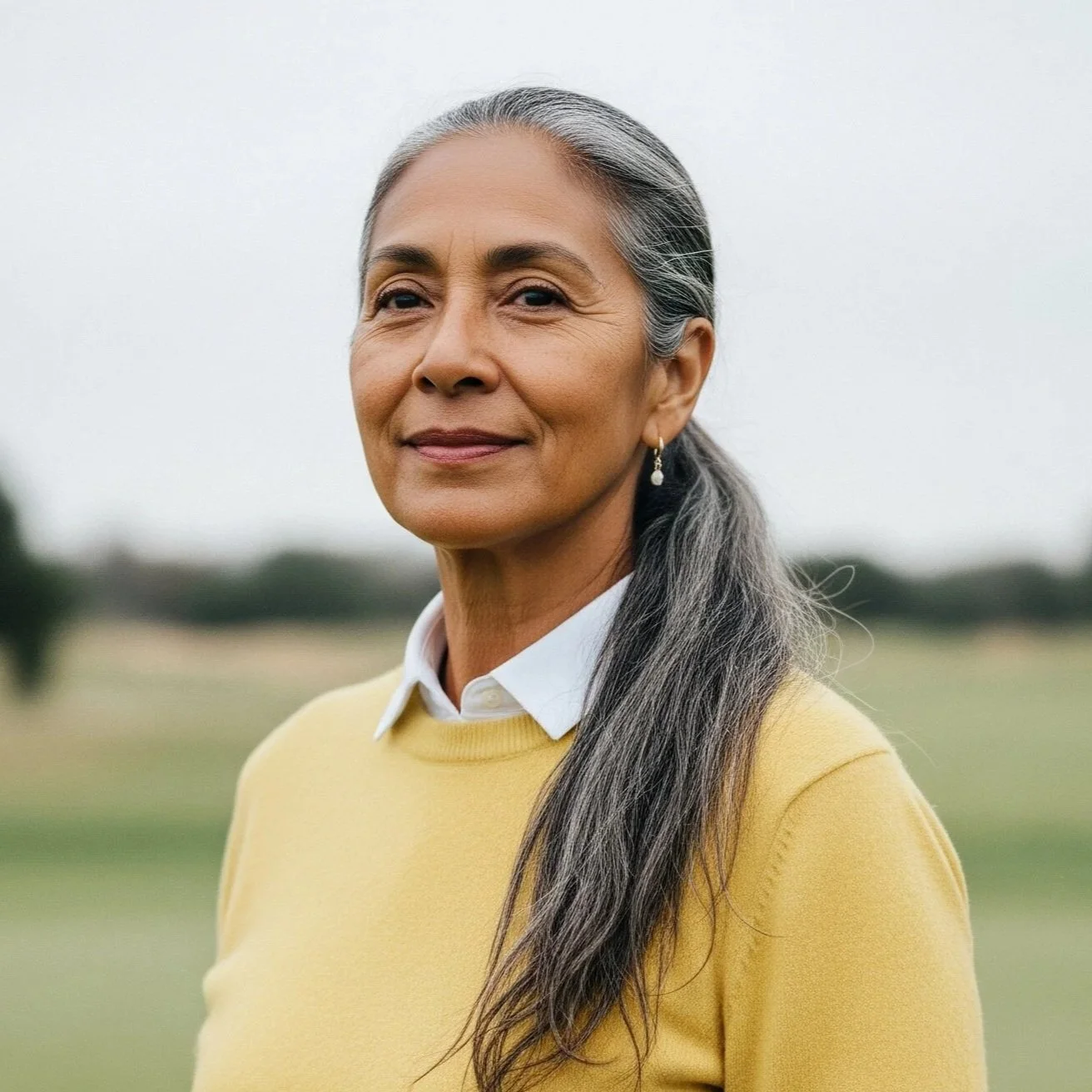 Female golfer standing confidently on fairway