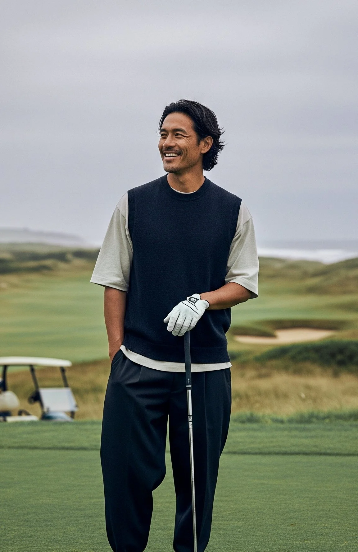 Golfer resting on club, coastal course