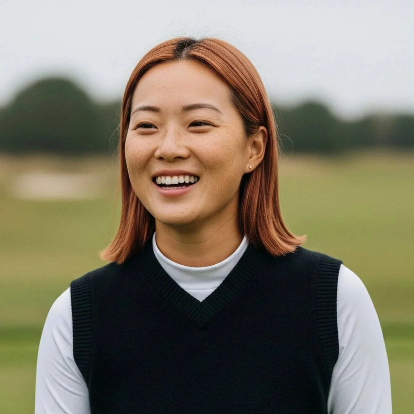 Smiling female golfer on course