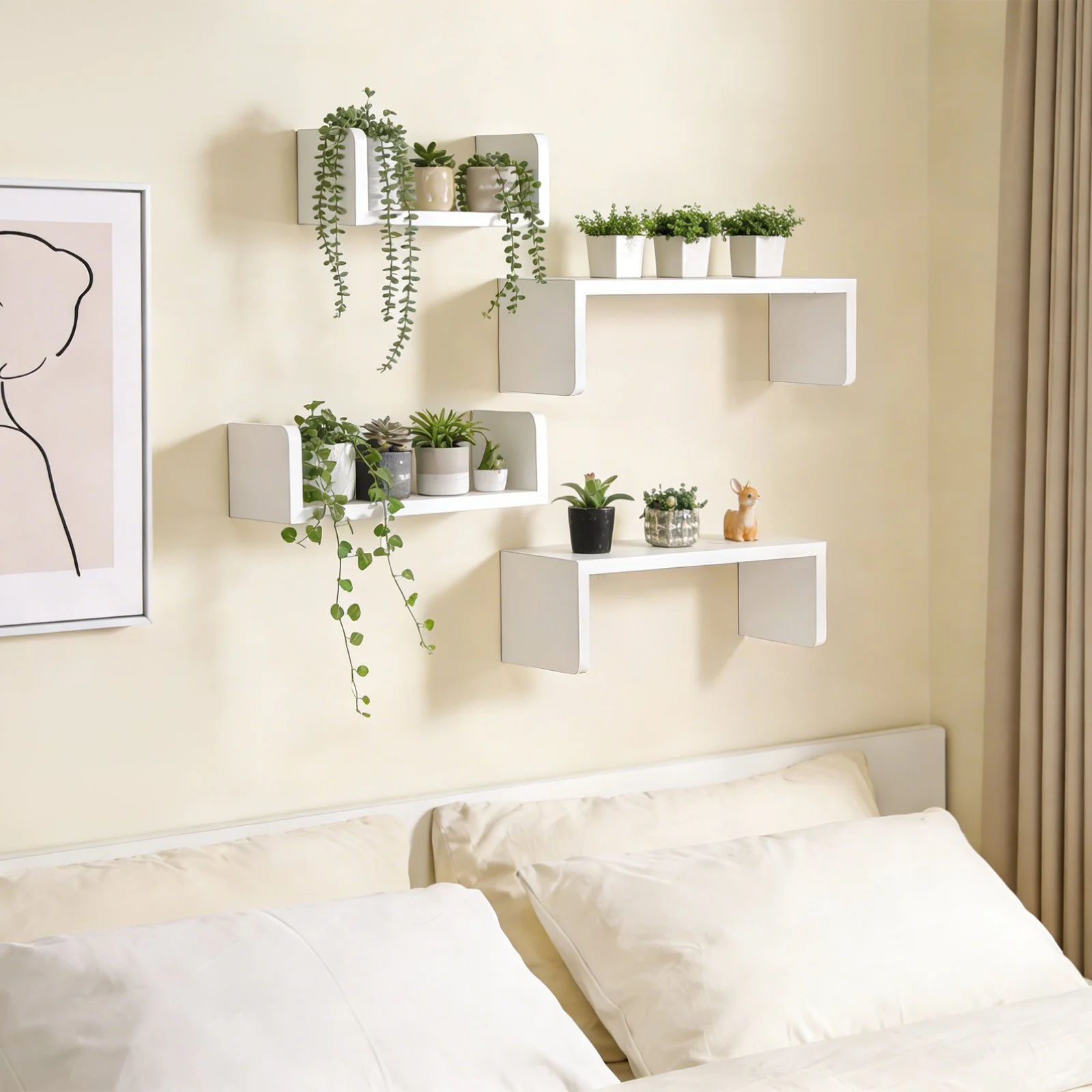 ArborNest Solid Pine Floating Wall Shelves – Set of 4 Modern U-Shaped Shelves (White)
