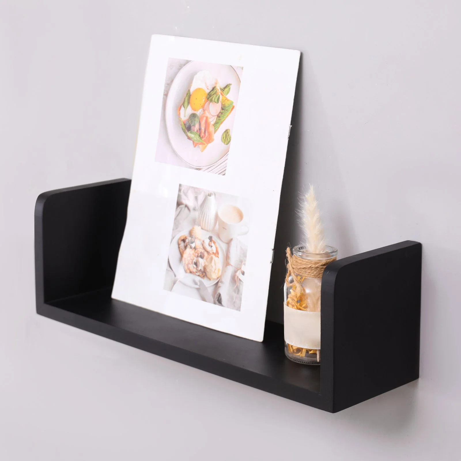 ArborNest Solid Pine Floating Shelves Set of 4 – Flush-Mount U-Shaped Wall Shelves for Home Décor, Storage & Display (Black)