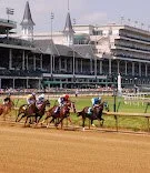 Horse race at a racetrack with jockeys riding horses and spectators in the background.