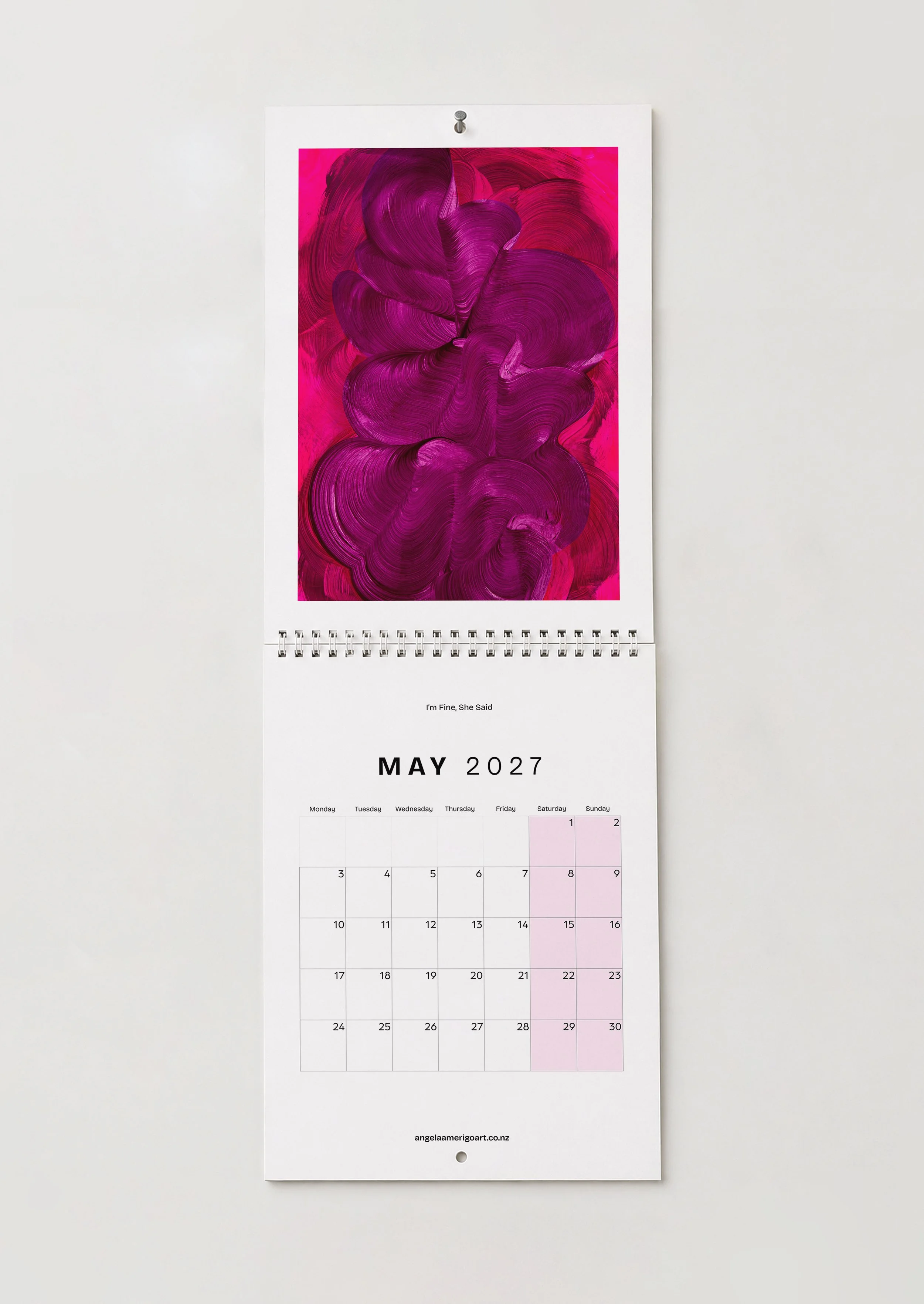 May — "I'm Fine, She Said": May page featuring deep magenta swirling brushstrokes on a vivid pink background