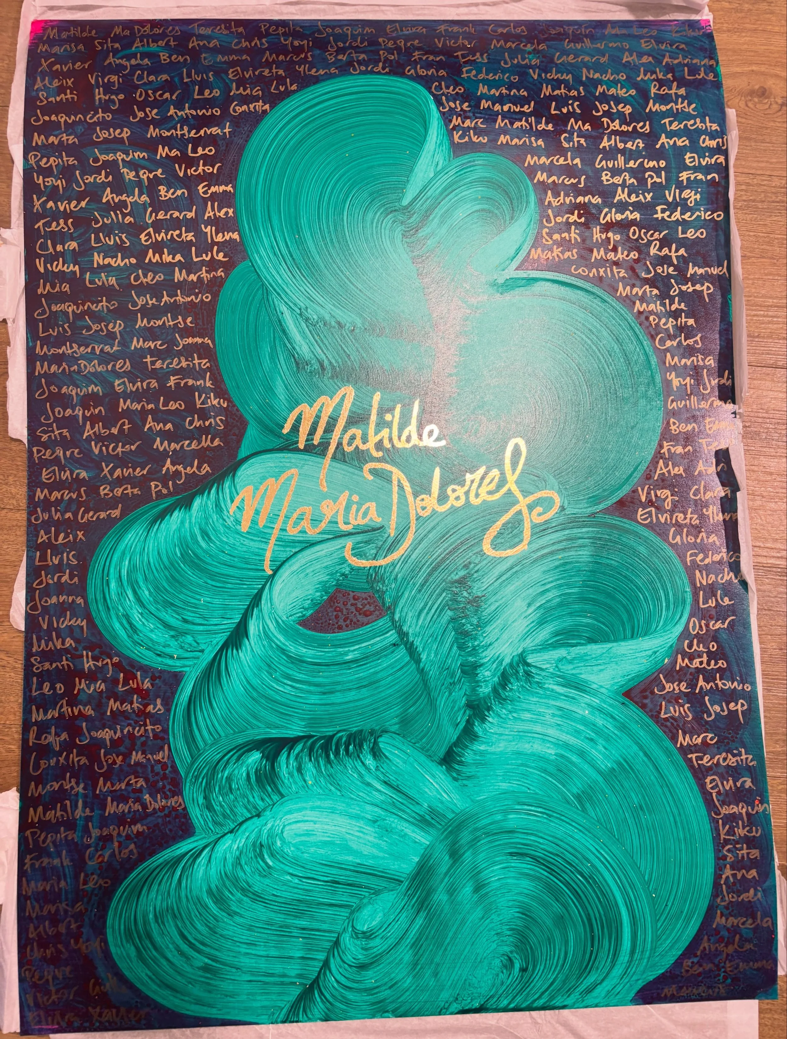 A special commission for a greatly loved Matriarch 💘

I worked with my mum and my aunt Montse to create this piece for my grandmother&rsquo;s 90th birthday. The names of everyone in our family make up the background pattern, with my grandmother&rsqu