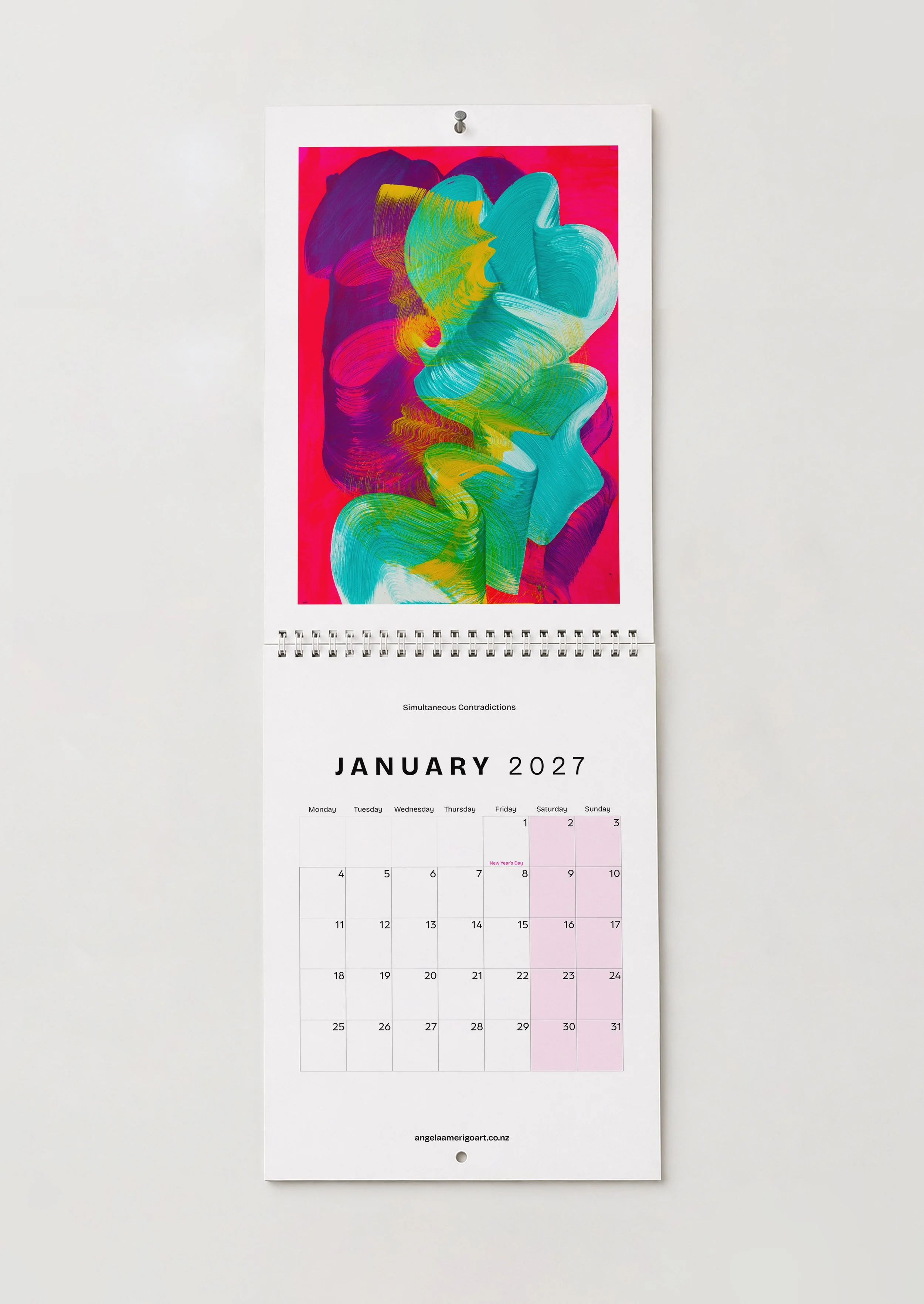 January — "Simultaneous Contradictions": January page of original art wall calendar, hot pink and teal abstract brushwork titled Simultaneous Contradictions