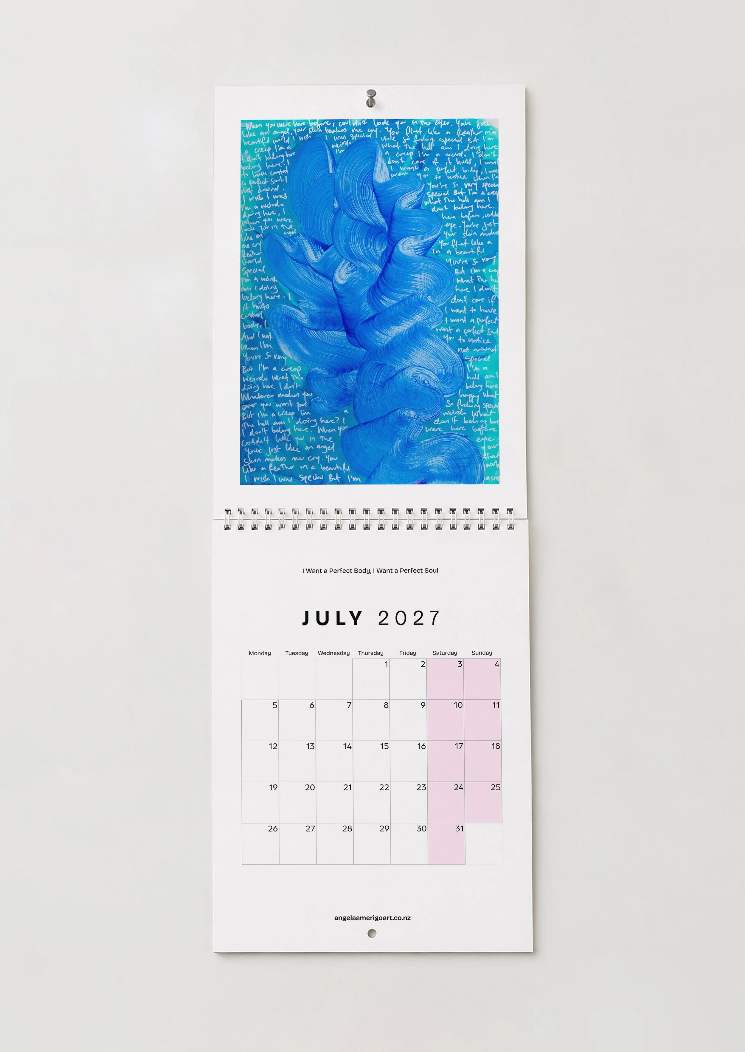 July — "I Want a Perfect Body, I Want a Perfect Soul": July page, blue abstract brushwork over teal with handwritten text layered beneath