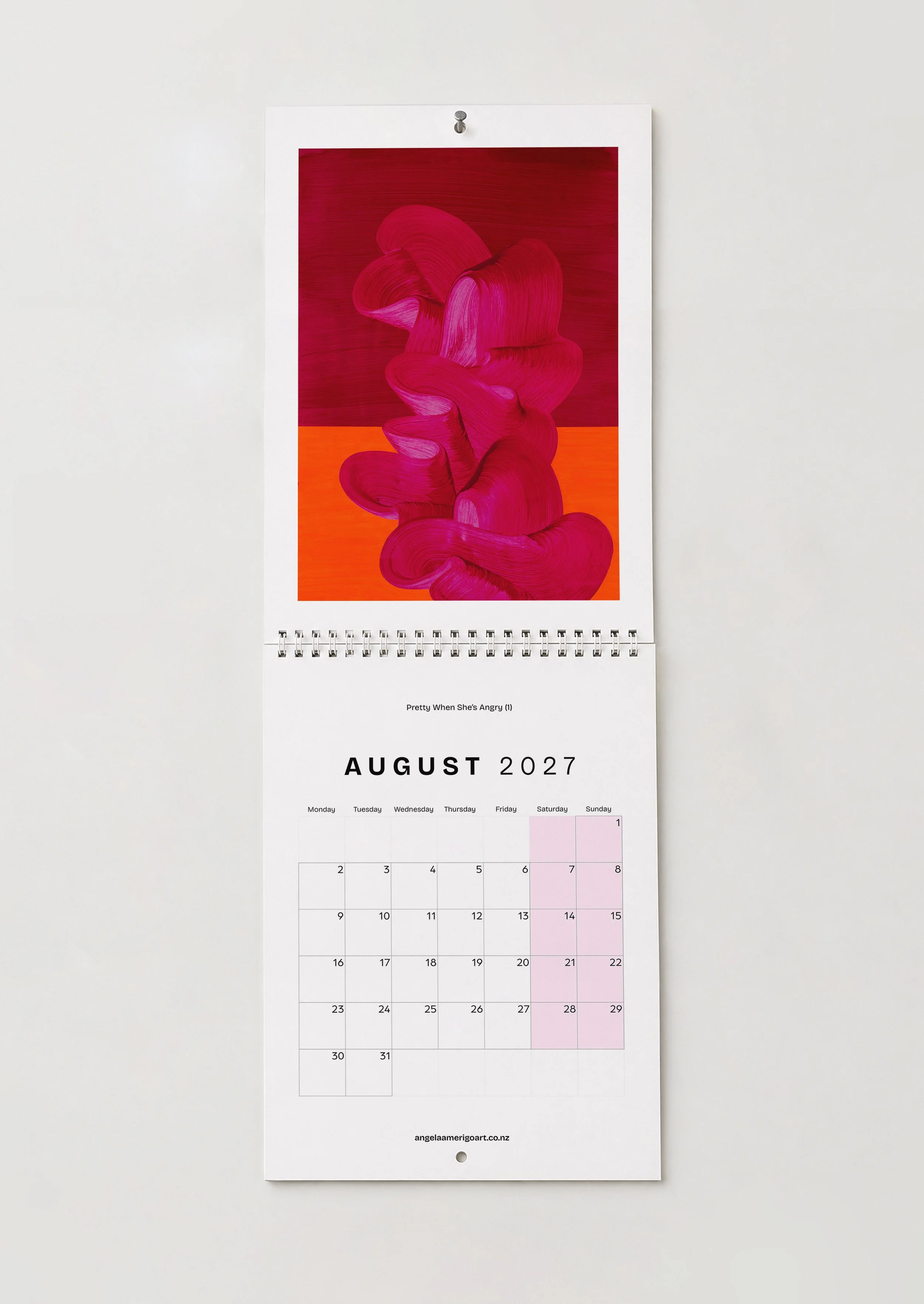 August — "Pretty When She's Angry (I)": August wall calendar artwork, bold pink brushstrokes on deep red and orange