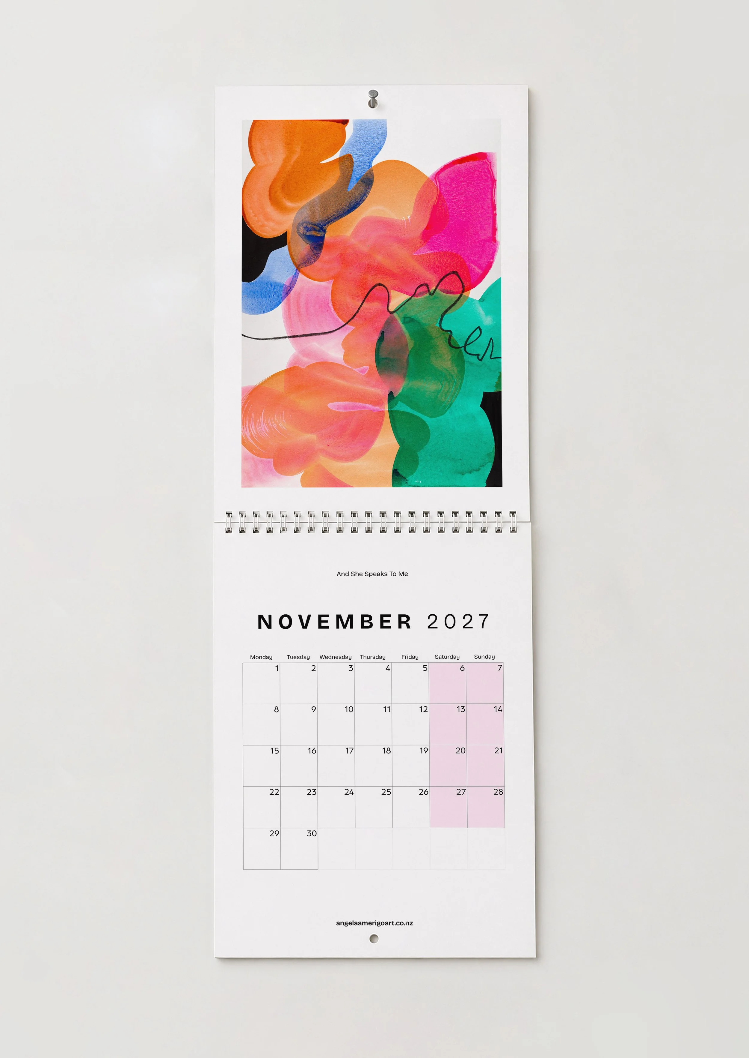 November — "And She Speaks To Me": November page, layered orange, pink and teal organic shapes with black line drawing