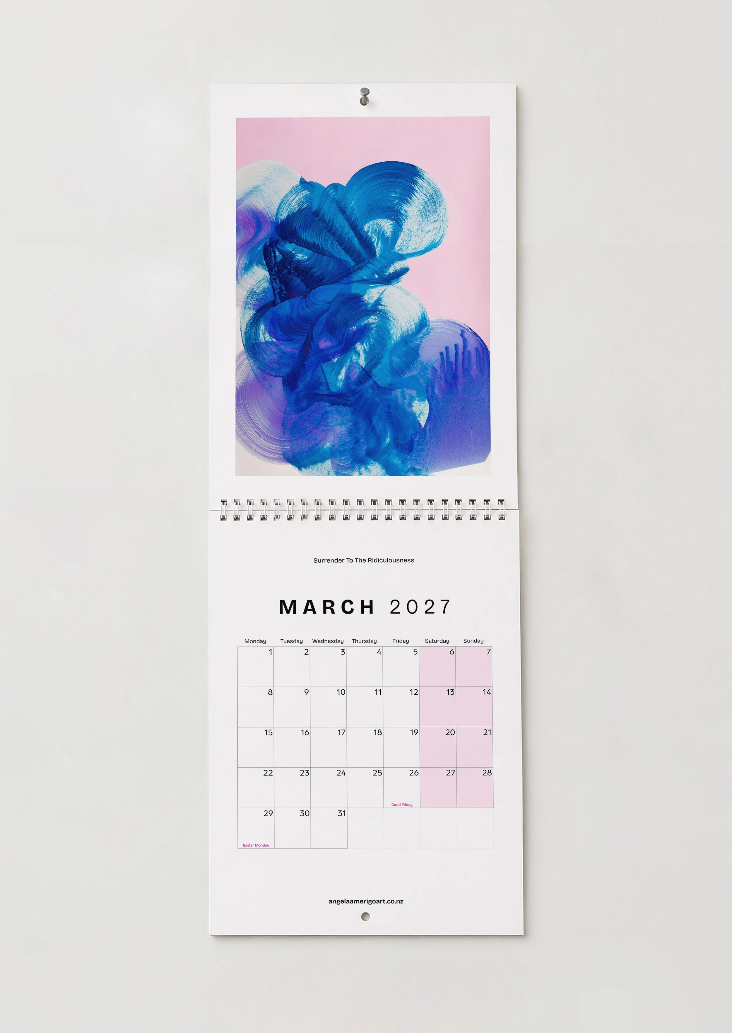March — "Surrender To The Ridiculousness": March page of art wall calendar, swirling blue and purple brushstrokes on soft pink
