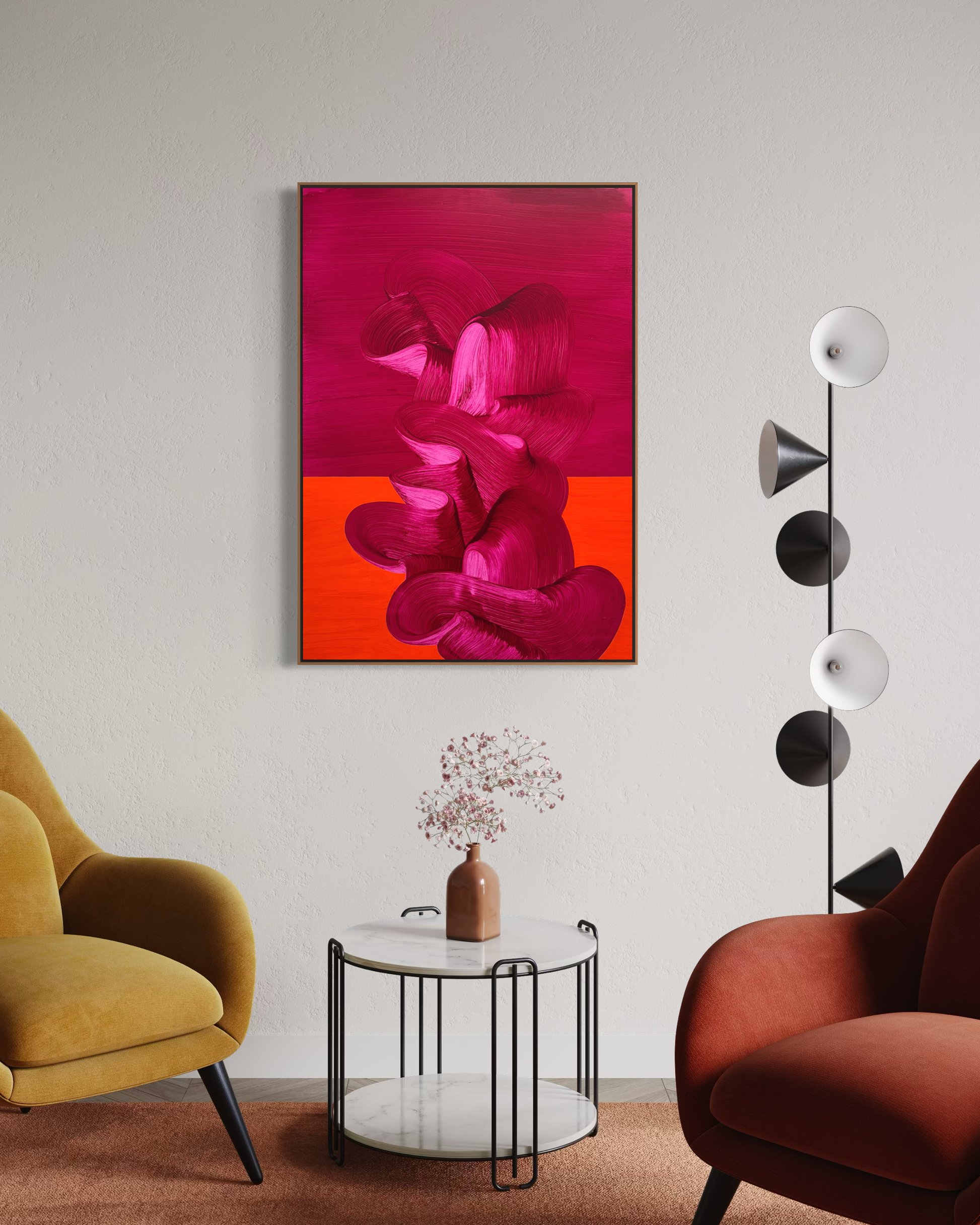 A colorful abstract painting with swirls of teal and purple on a pink background, hanging above a yellow sideboard with three drawers. On top of the sideboard are three decorative vases in red, blue, and brown. To the right is a tall potted plant with large green leaves.