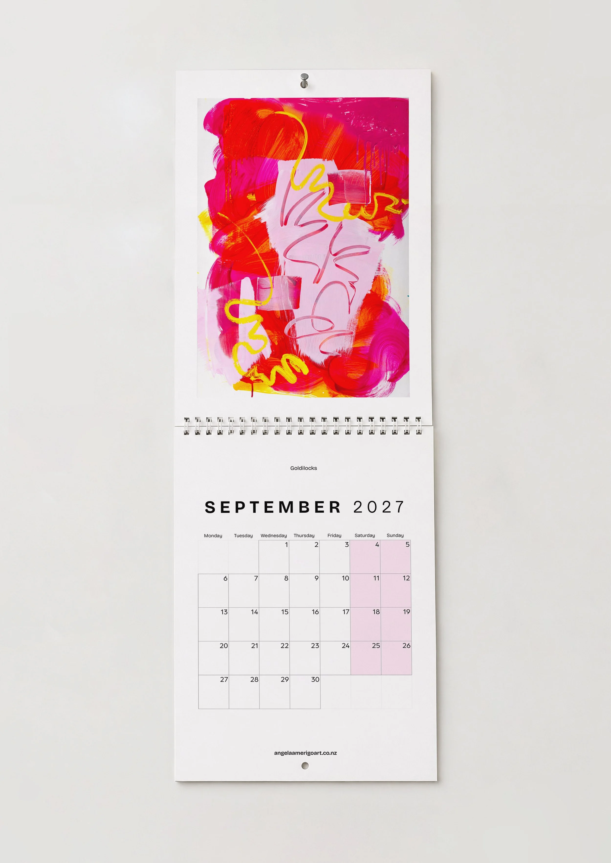 September — "Goldilocks": September page featuring red, pink and yellow abstract shapes with looping linework
