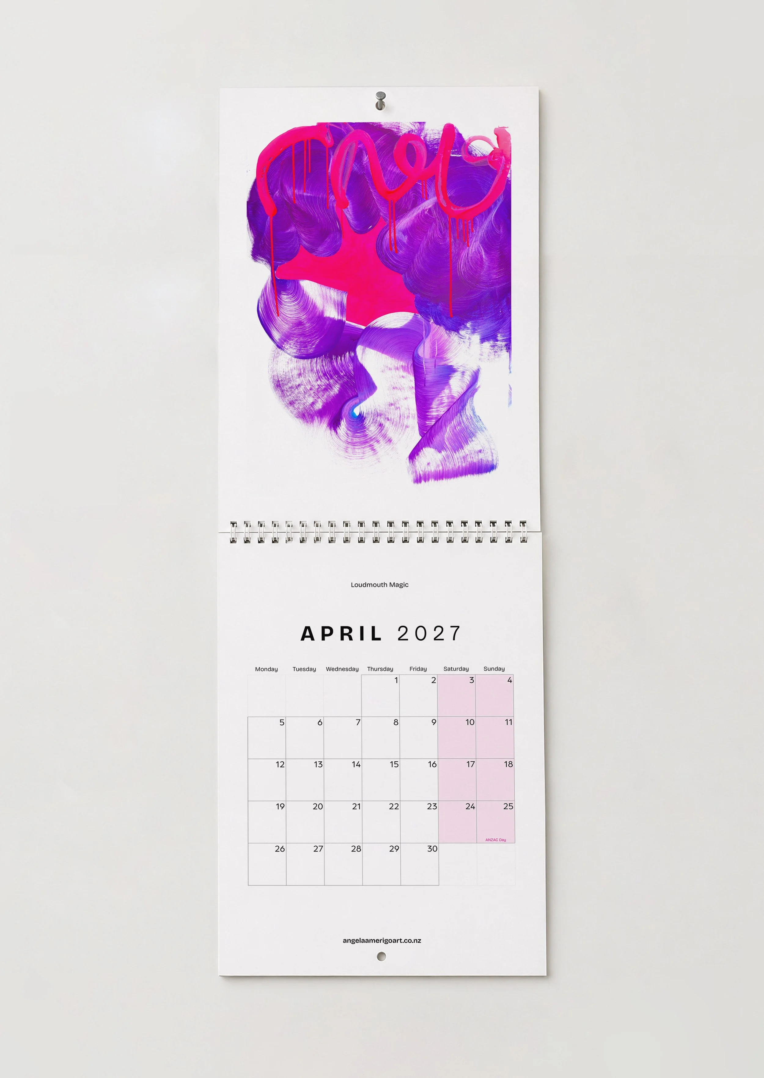 April — "Loudmouth Magic": April wall calendar artwork in violet and hot pink with expressive dripping brush marks