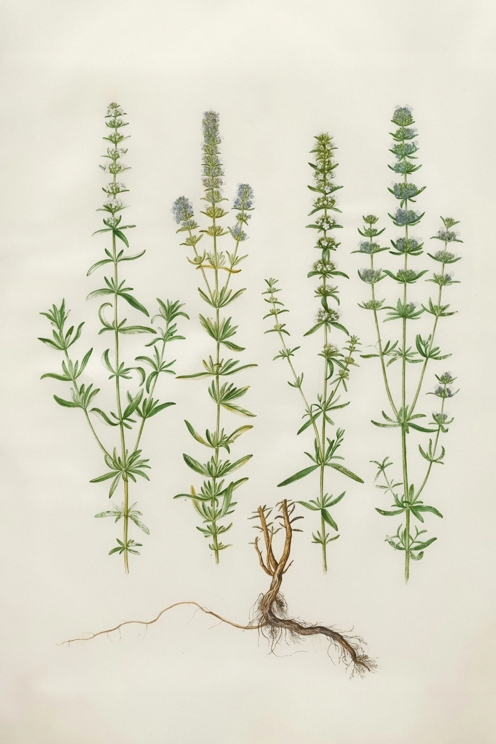 Botanical illustration of anise hyssop, a plant with various stages of growth, including roots, stems, leaves, and flowers.