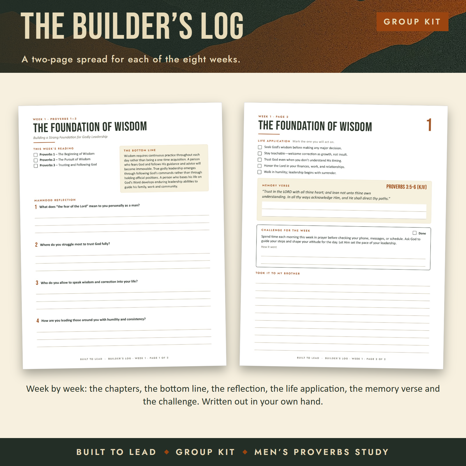 The Built to Lead Builder’s Log open to the first week, two printable pages side by side.