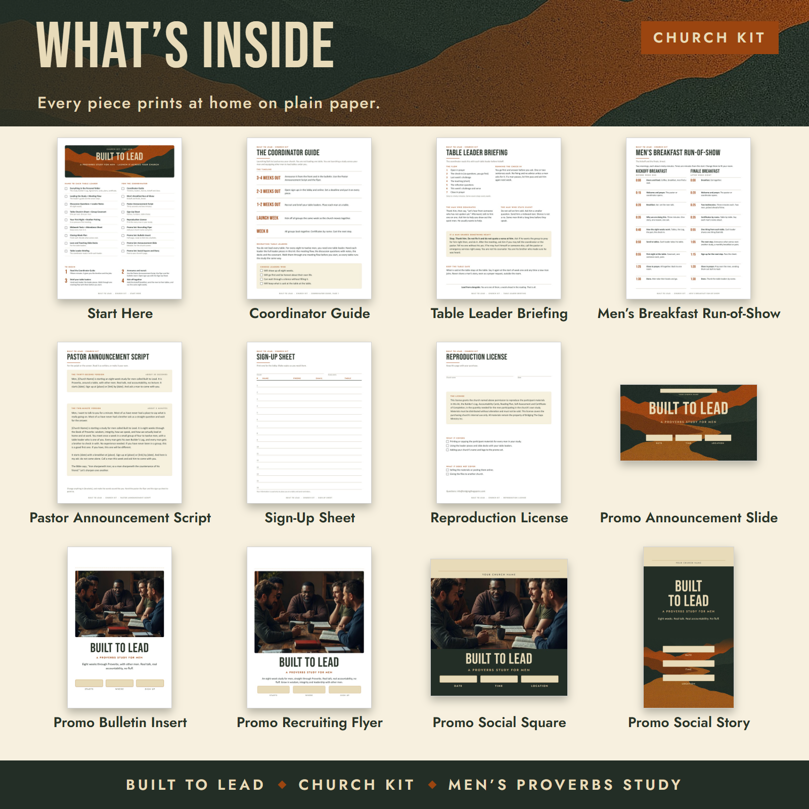 Contents of the Built to Lead Church Kit: thumbnails of every piece with its name underneath.