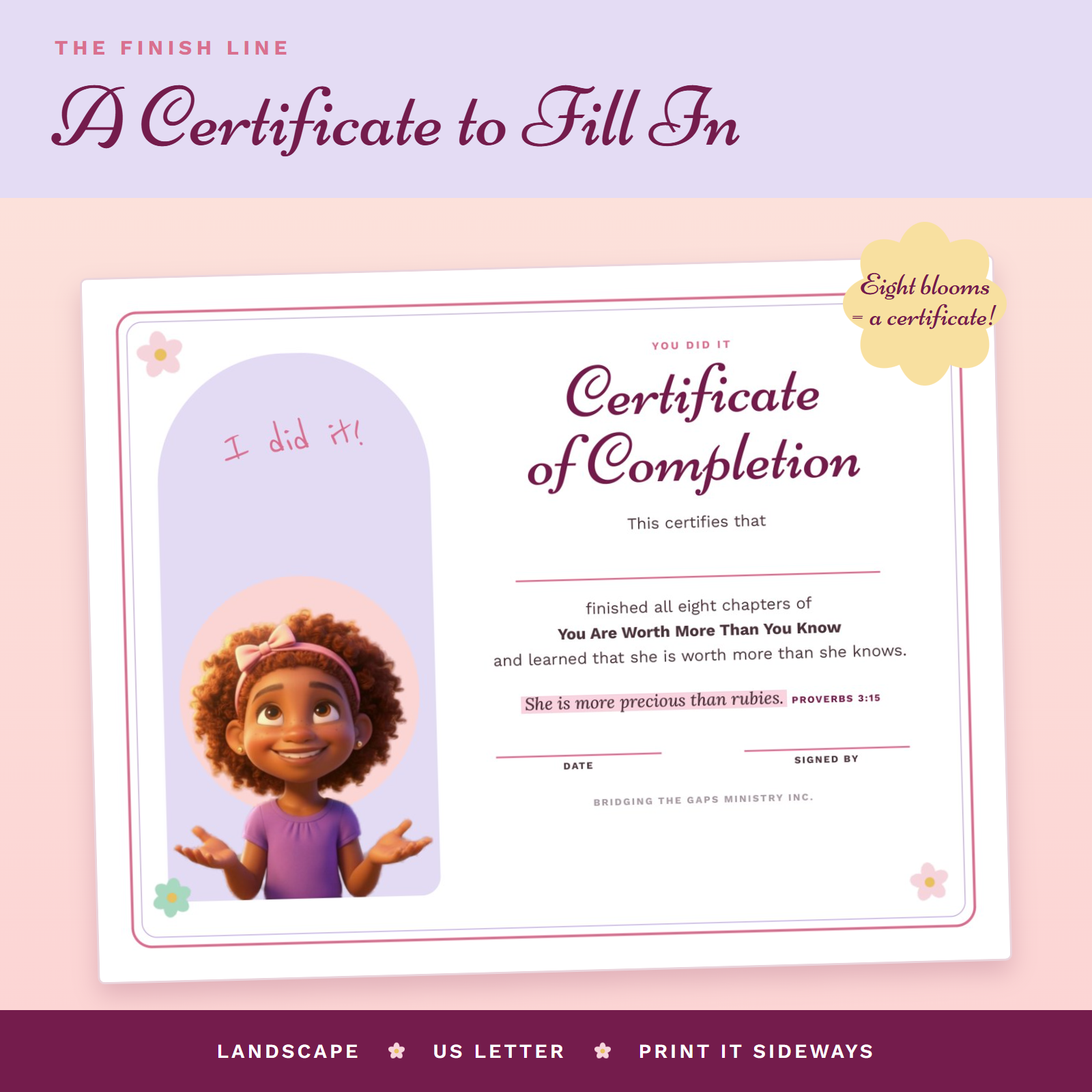 Printable certificate of completion with Gracie, to fill in when a girl finishes all eight chapters